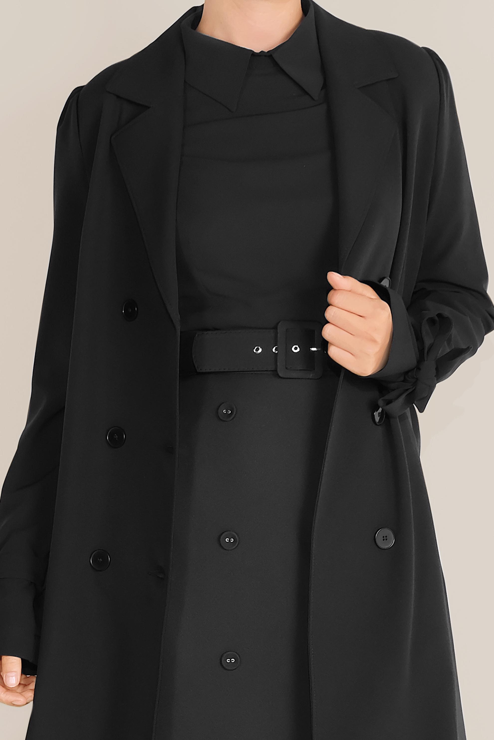 Tesettür giyim SİYAH KRUVAZE DÜĞMELİ TRENÇKOT 10210 