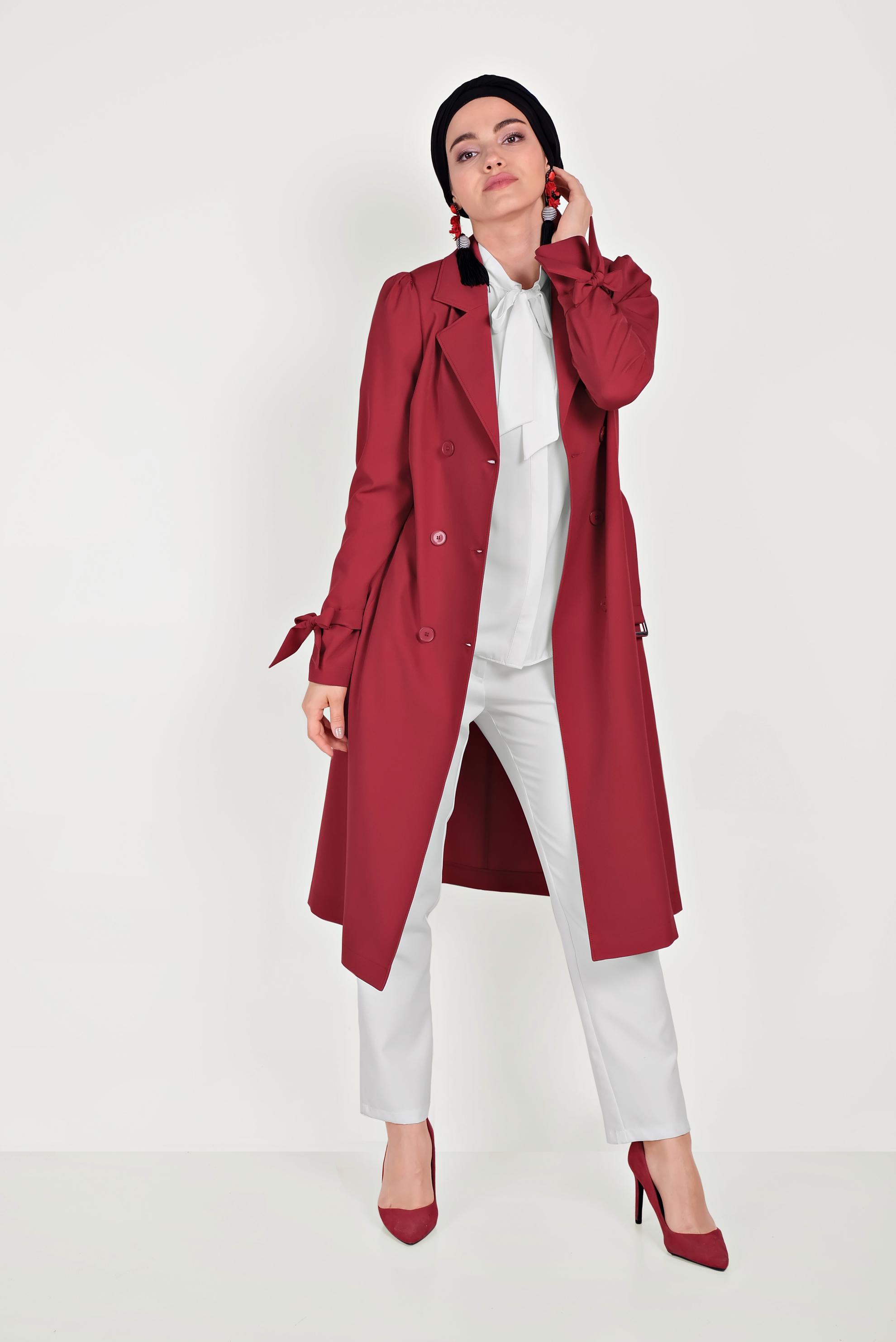 Tesettür giyim KIRMIZI KRUVAZE DÜĞMELİ TRENÇKOT 10210 