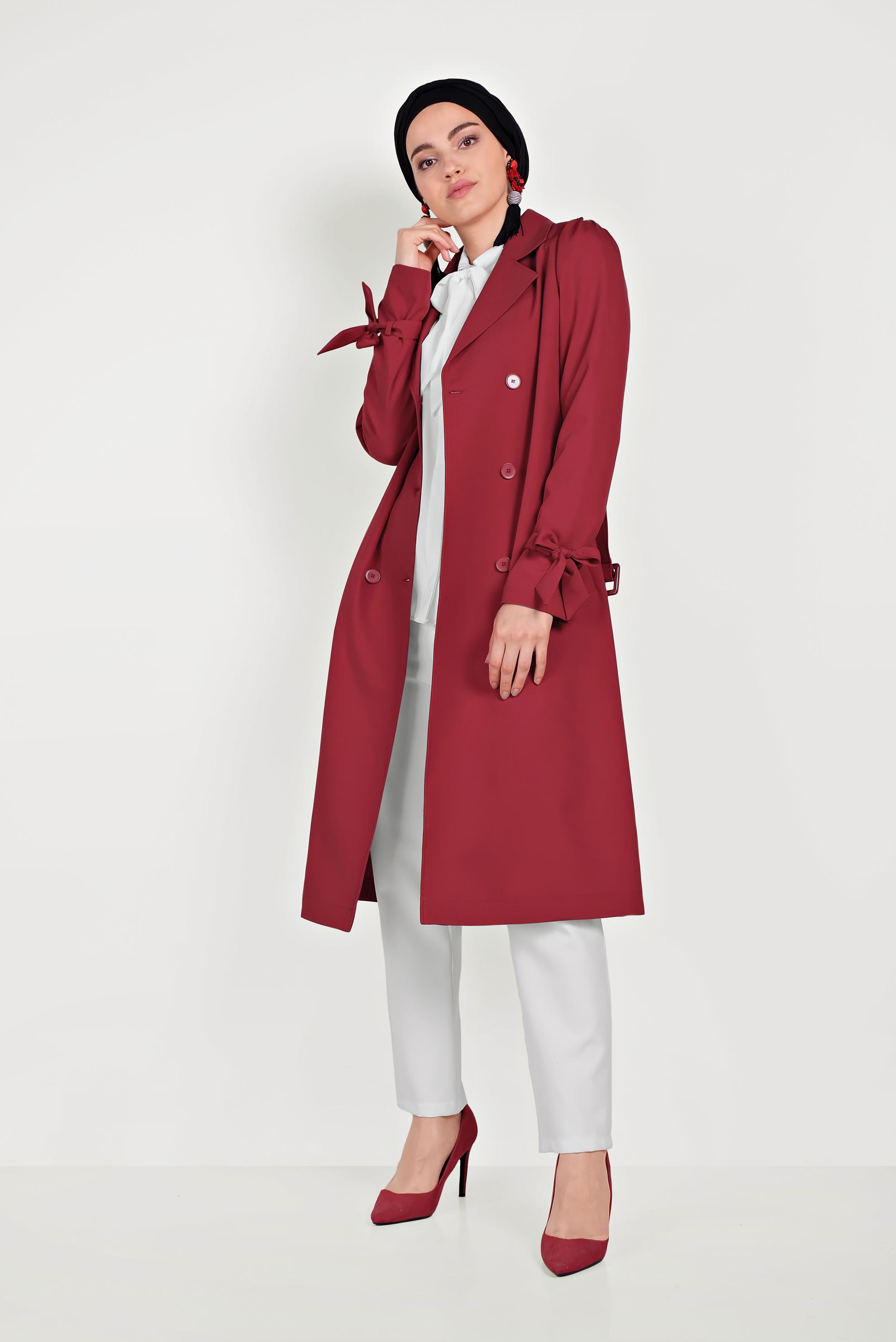 Tesettür giyim KIRMIZI KRUVAZE DÜĞMELİ TRENÇKOT 10210 