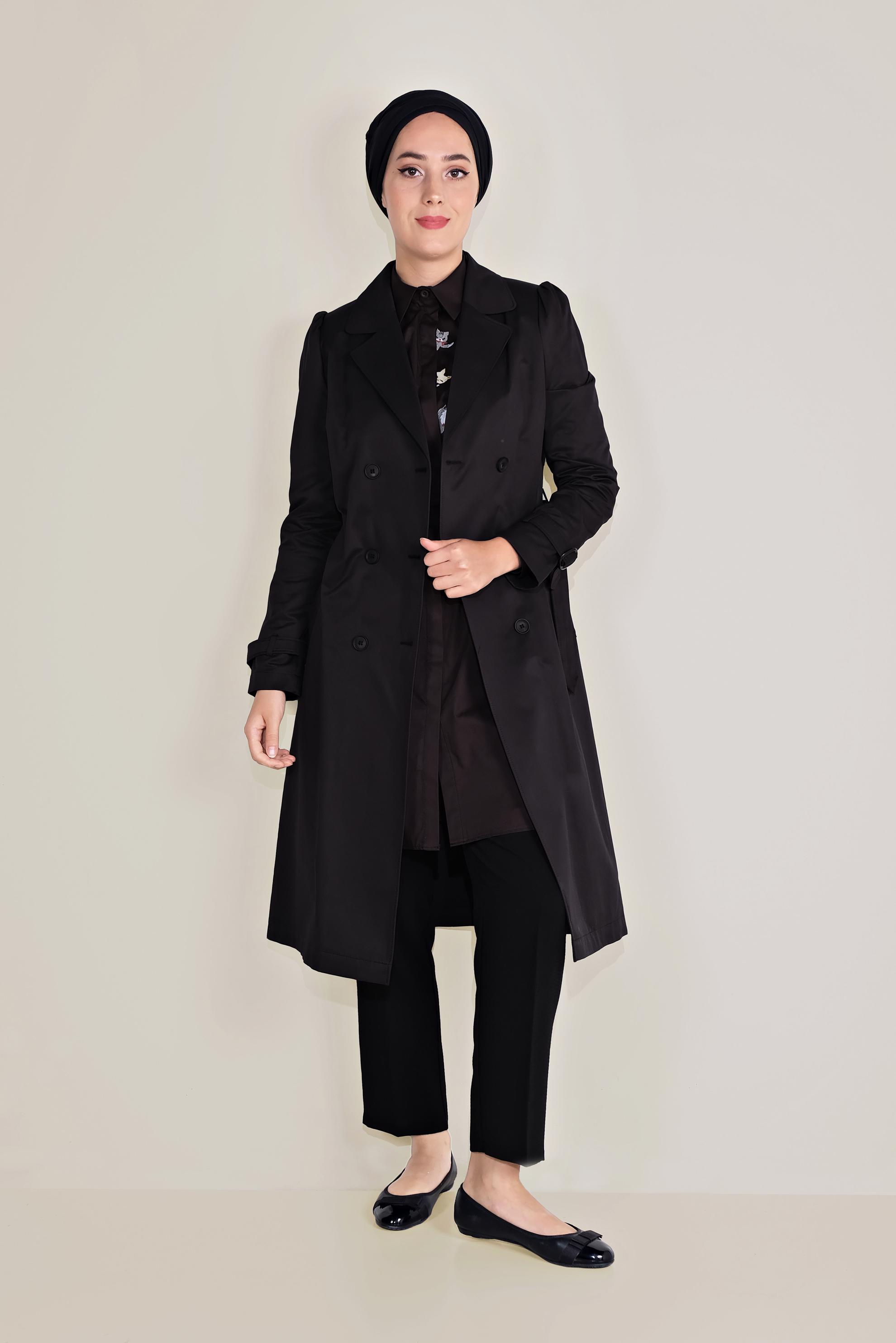 Tesettür giyim SİYAH ARKASI DÜĞMELİ TRENÇKOT 10220 