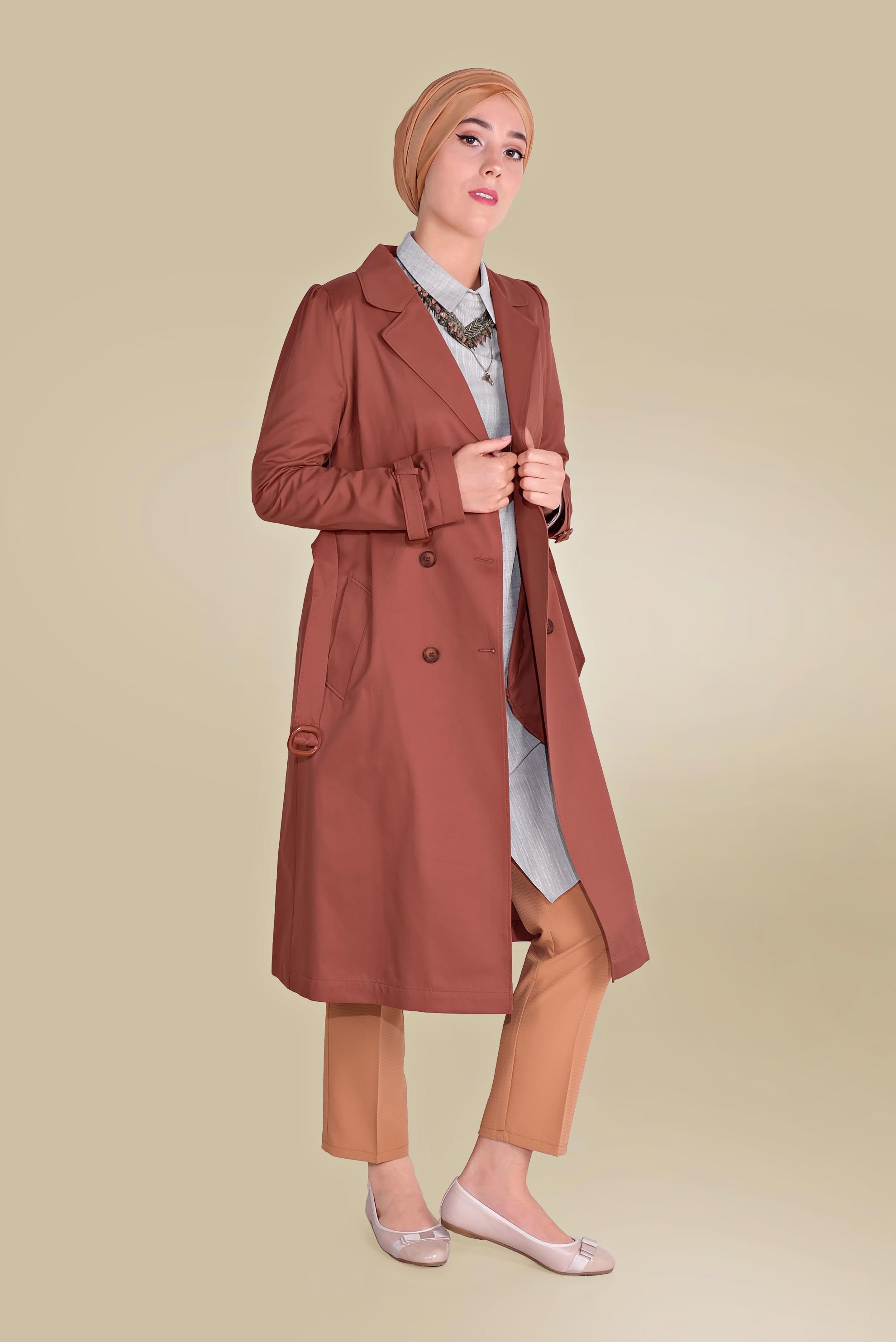 Tesettür giyim TURUNCU ARKASI DÜĞMELİ TRENÇKOT 10220 