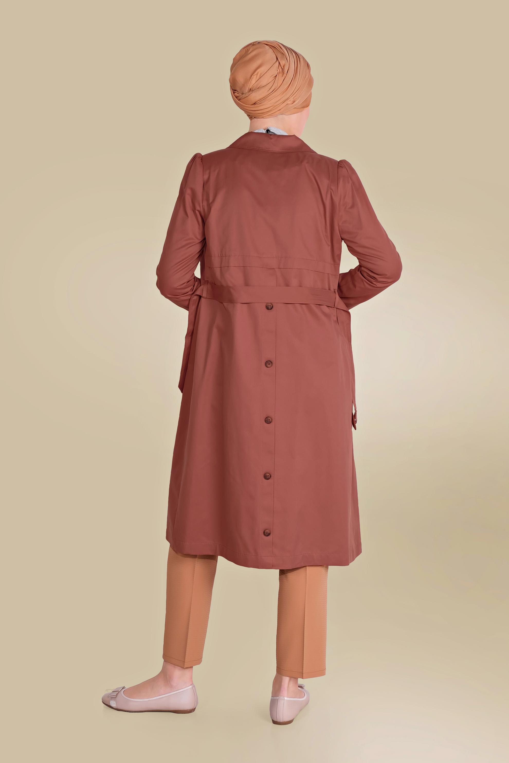 Tesettür giyim TURUNCU ARKASI DÜĞMELİ TRENÇKOT 10220 