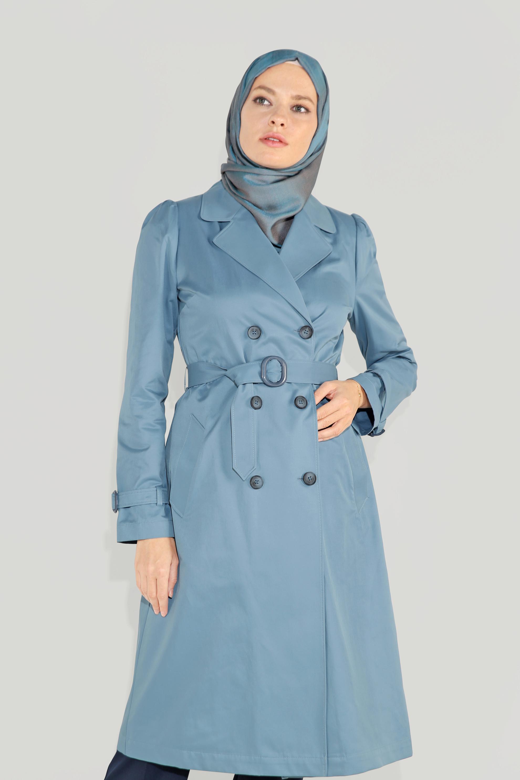 Tesettür giyim MAVİ ARKASI DÜĞMELİ TRENÇKOT 10220 