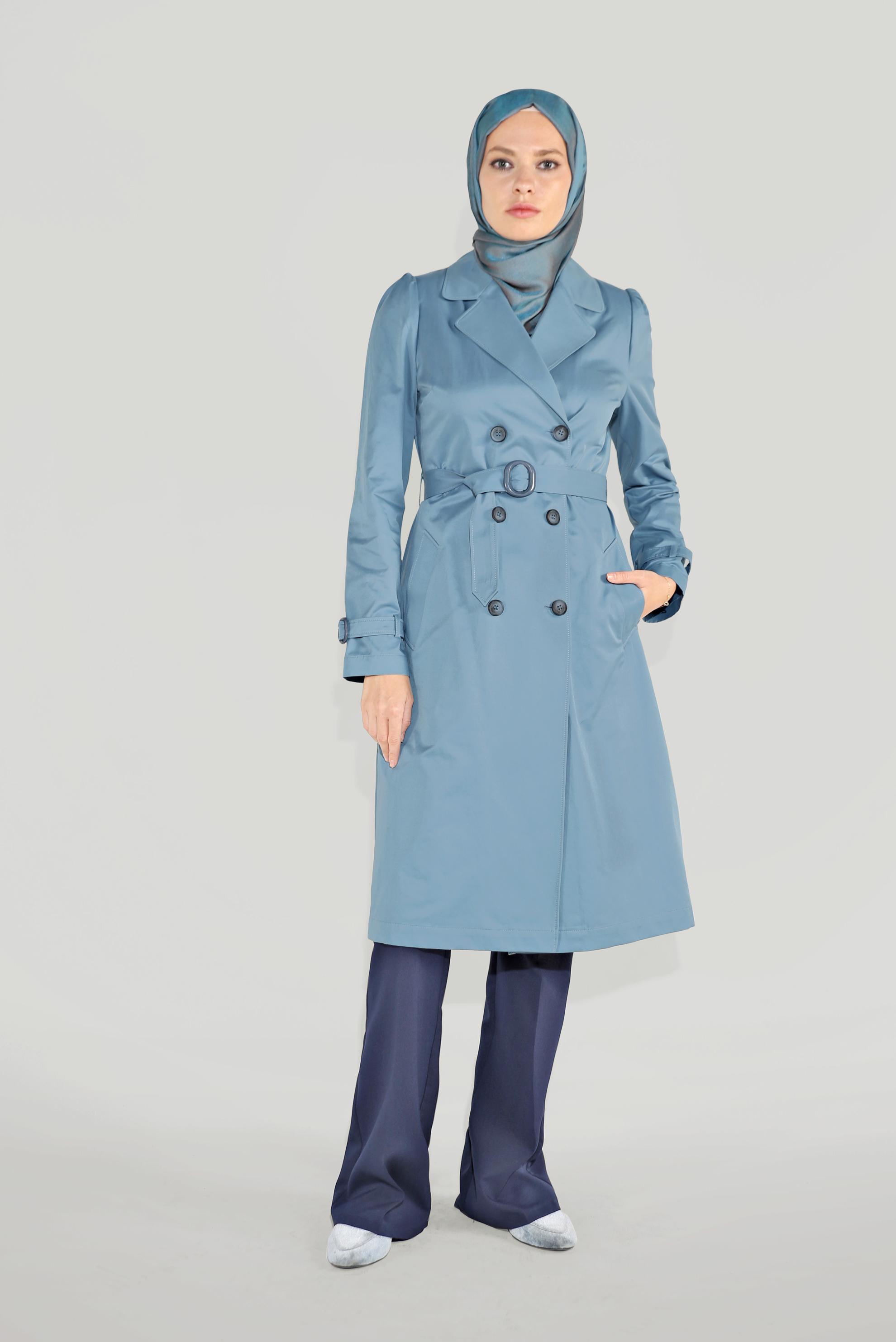 Tesettür giyim MAVİ ARKASI DÜĞMELİ TRENÇKOT 10220 