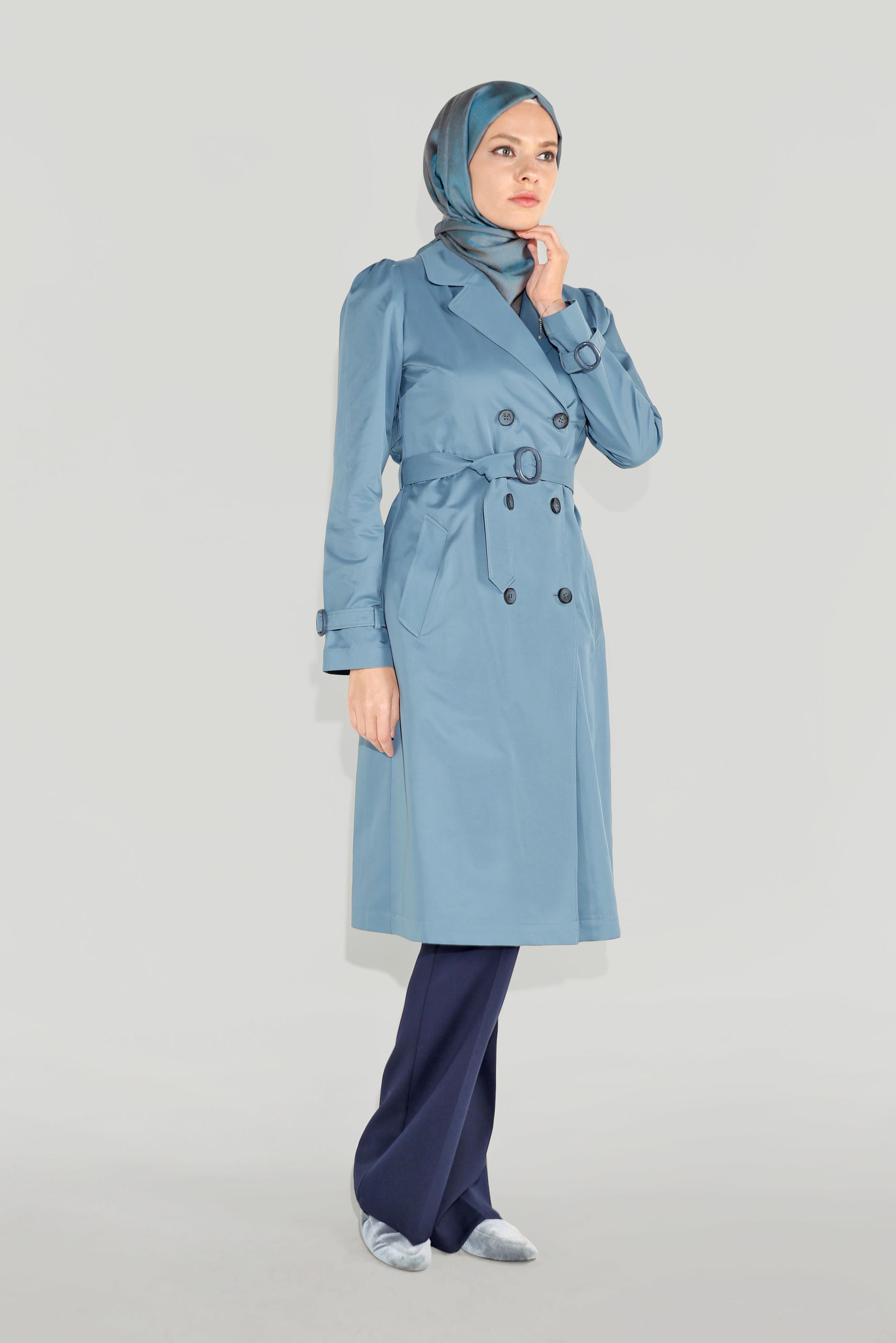 Tesettür giyim MAVİ ARKASI DÜĞMELİ TRENÇKOT 10220 