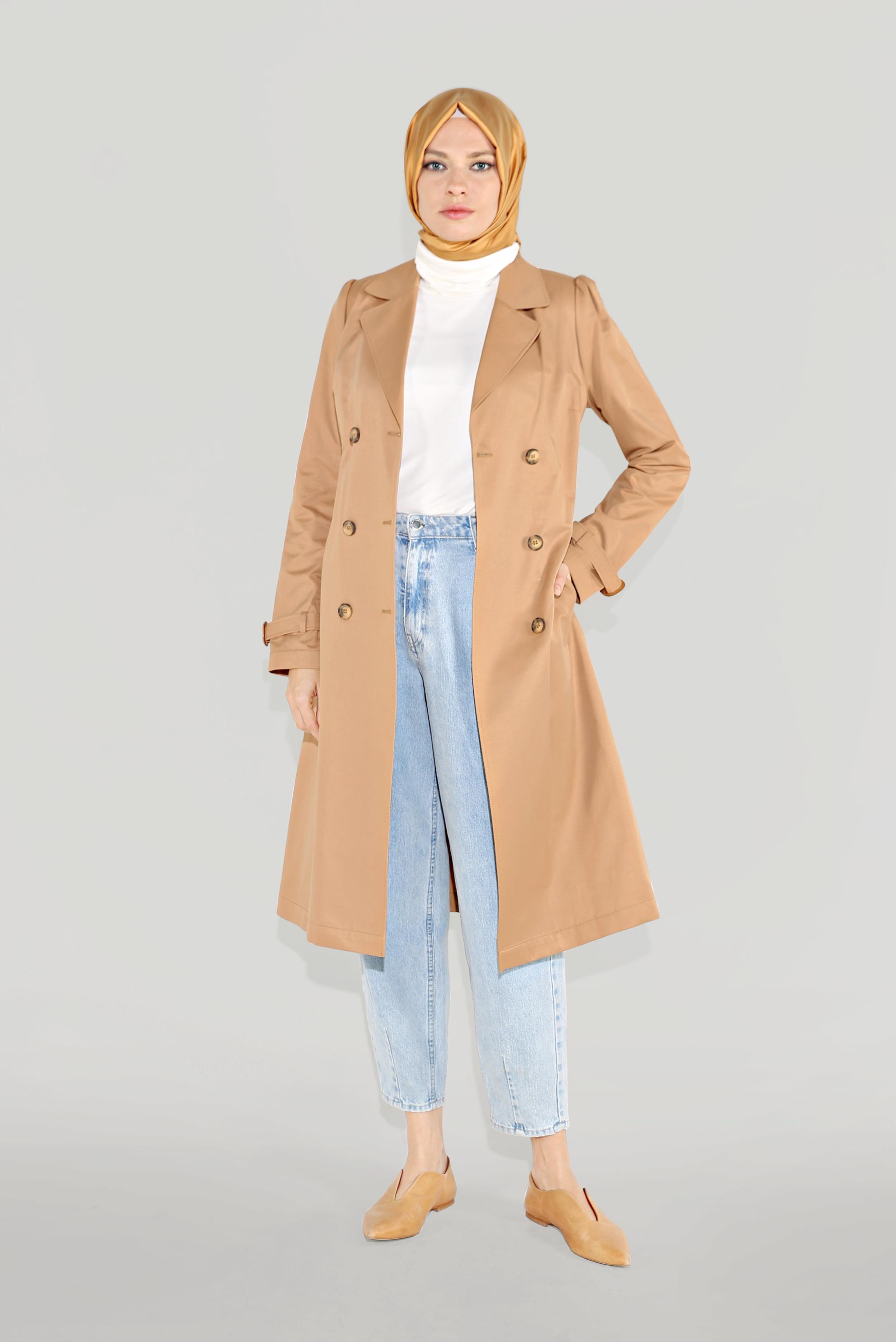 Tesettür giyim KAHVE ARKASI DÜĞMELİ TRENÇKOT 10220 