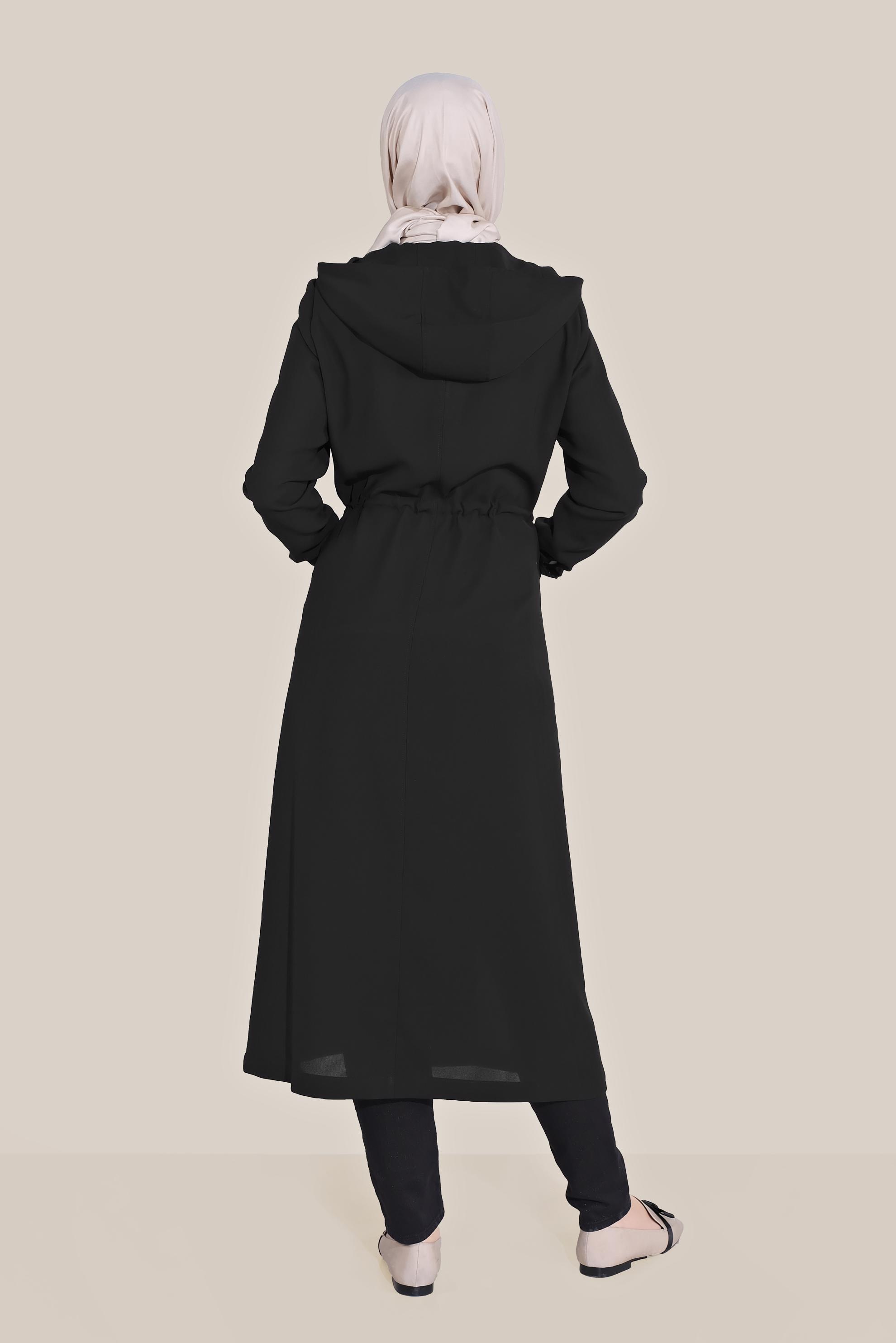 Tesettür giyim SİYAH CEPLERİ PULLU BELİ BAĞCIKLI TRENÇKOT 10227