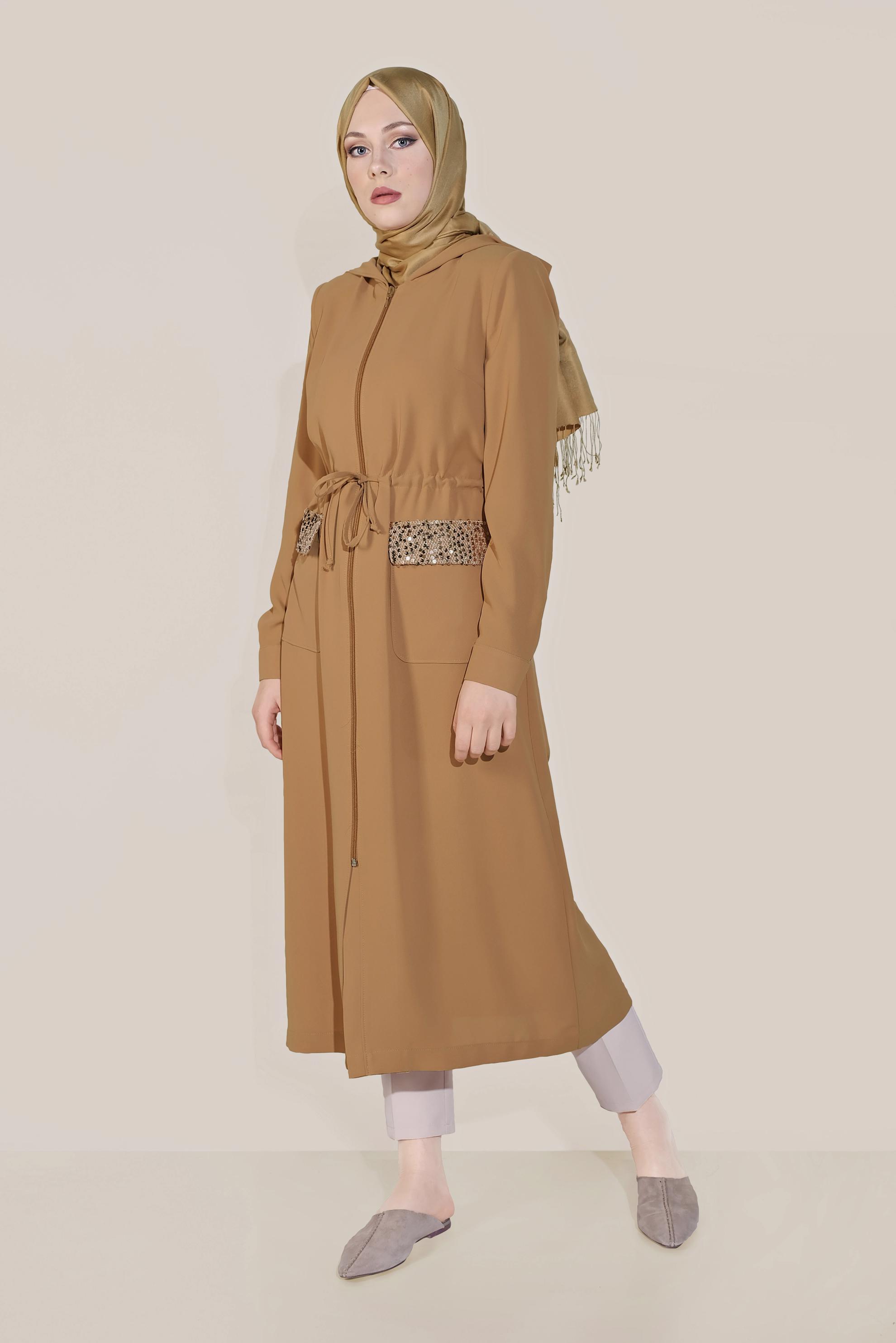 Tesettür giyim SARI CEPLERİ PULLU BELİ BAĞCIKLI TRENÇKOT 10227