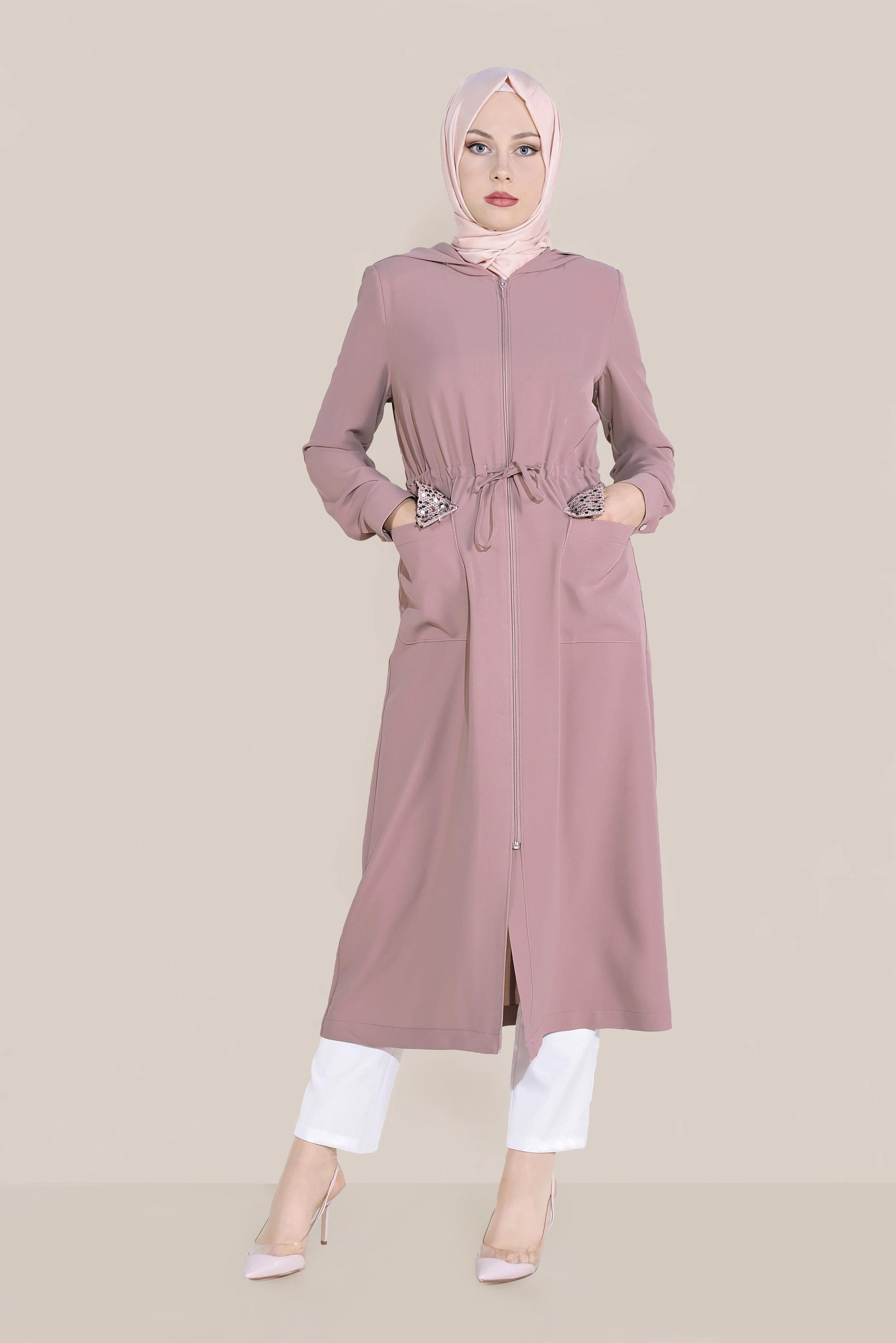 Tesettür giyim PUDRA CEPLERİ PULLU BELİ BAĞCIKLI TRENÇKOT 10227