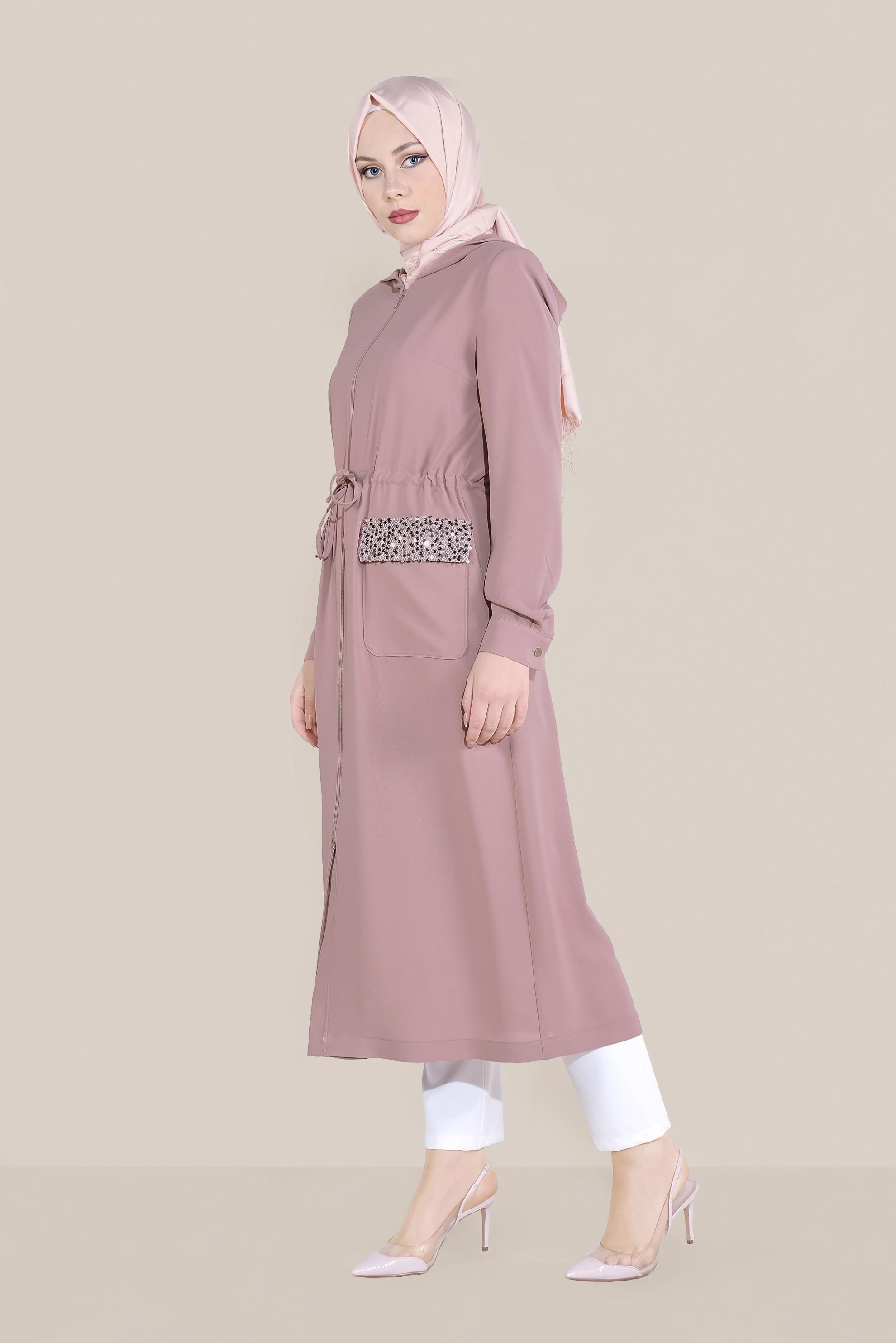 Tesettür giyim PUDRA CEPLERİ PULLU BELİ BAĞCIKLI TRENÇKOT 10227