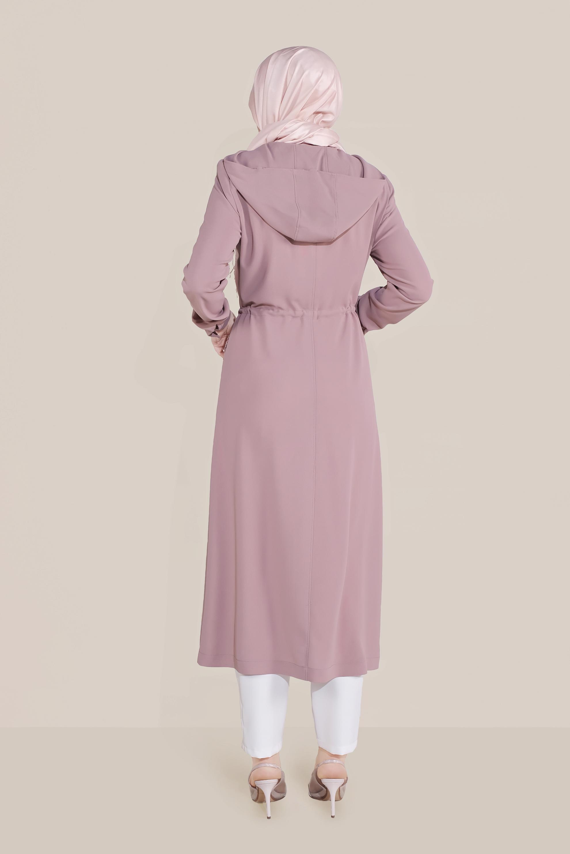 Tesettür giyim PUDRA CEPLERİ PULLU BELİ BAĞCIKLI TRENÇKOT 10227