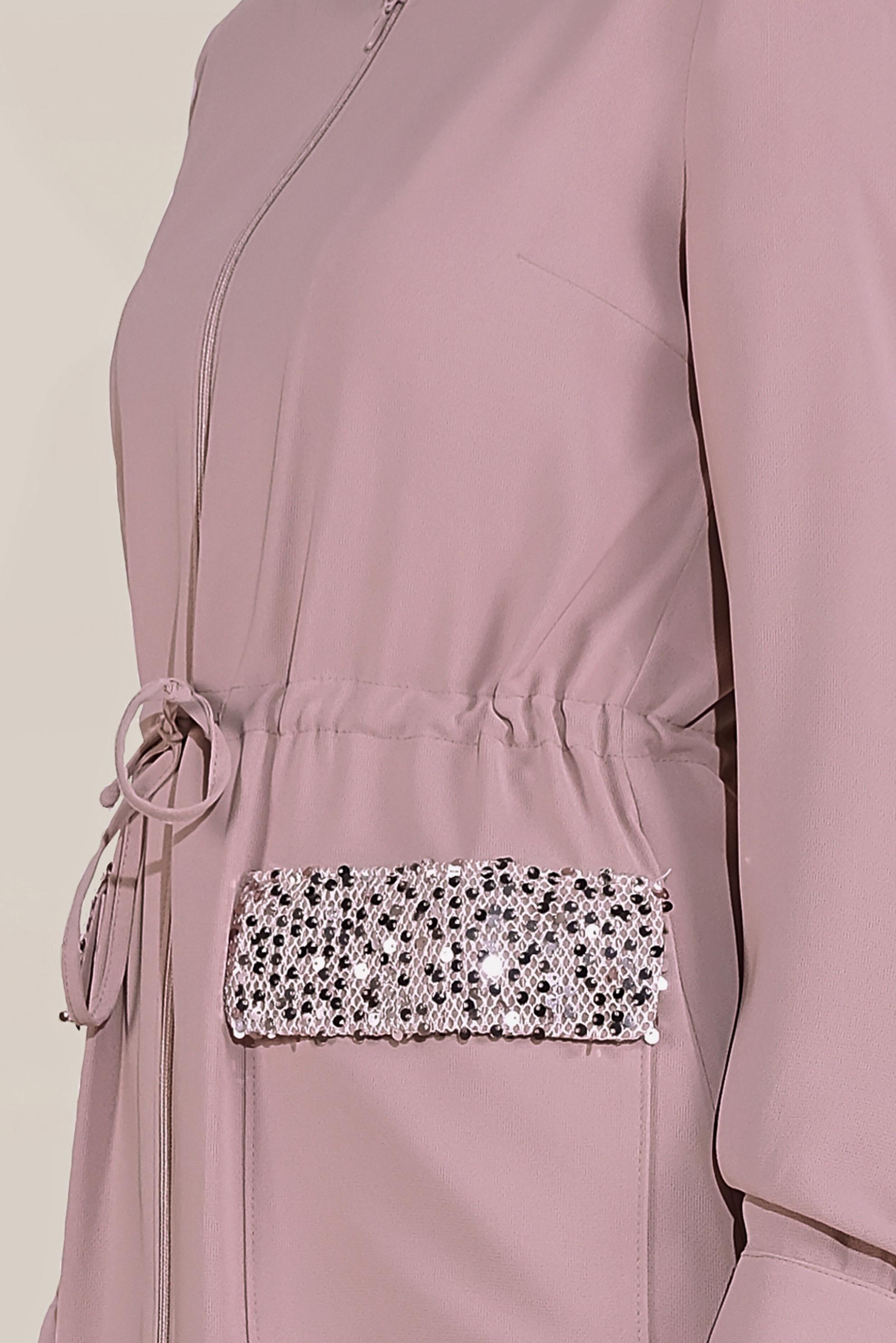 Tesettür giyim PUDRA CEPLERİ PULLU BELİ BAĞCIKLI TRENÇKOT 10227