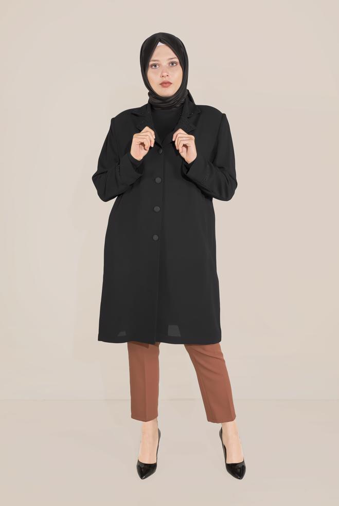 Vêtements hijab NOIR IMPERMÉABLE AVEC COL ET MANCHES À BRODÉ 10229 - ALVİNA