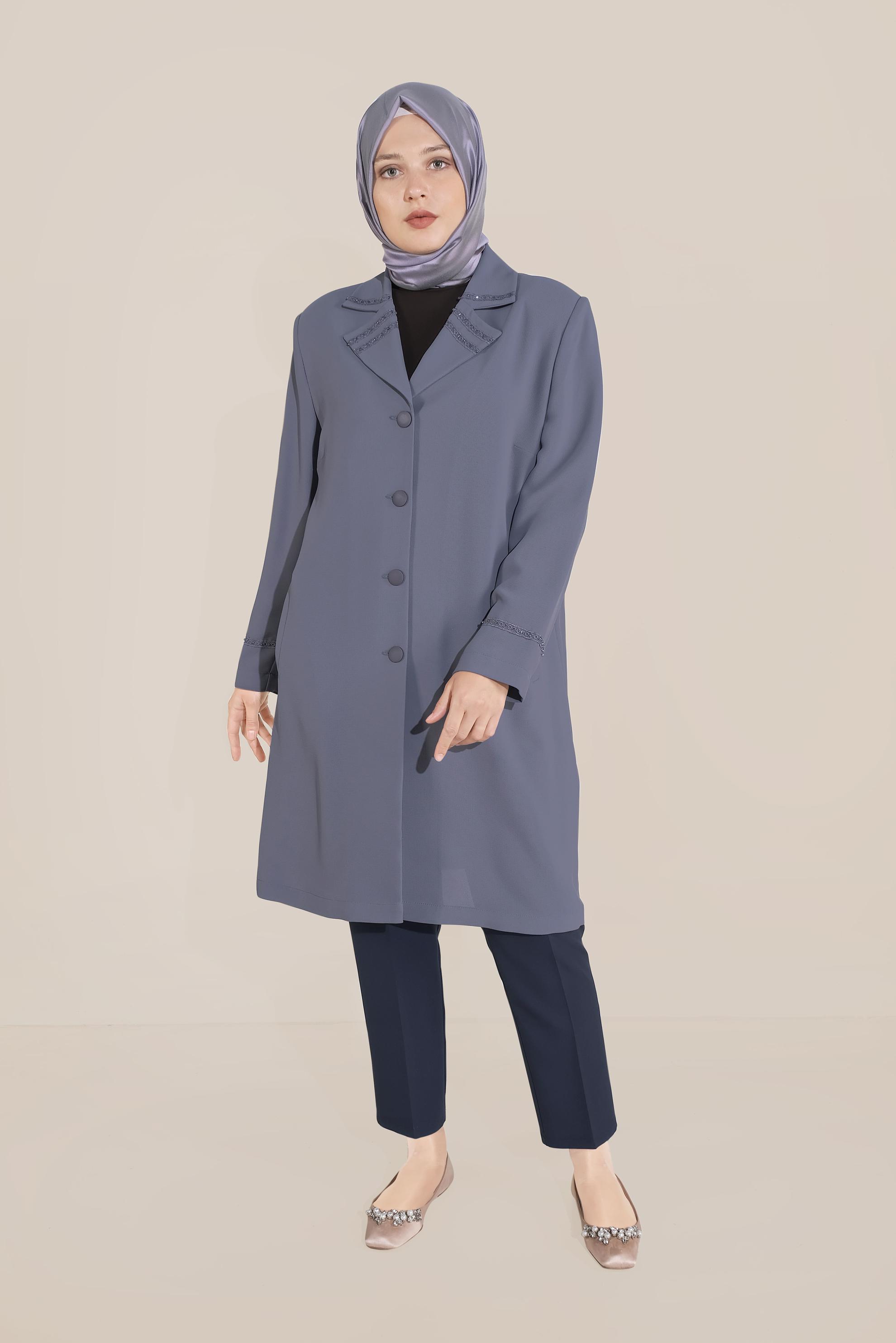 Vêtements hijab GRIS IMPERMÉABLE AVEC COL ET MANCHES À BRODÉ 10229
