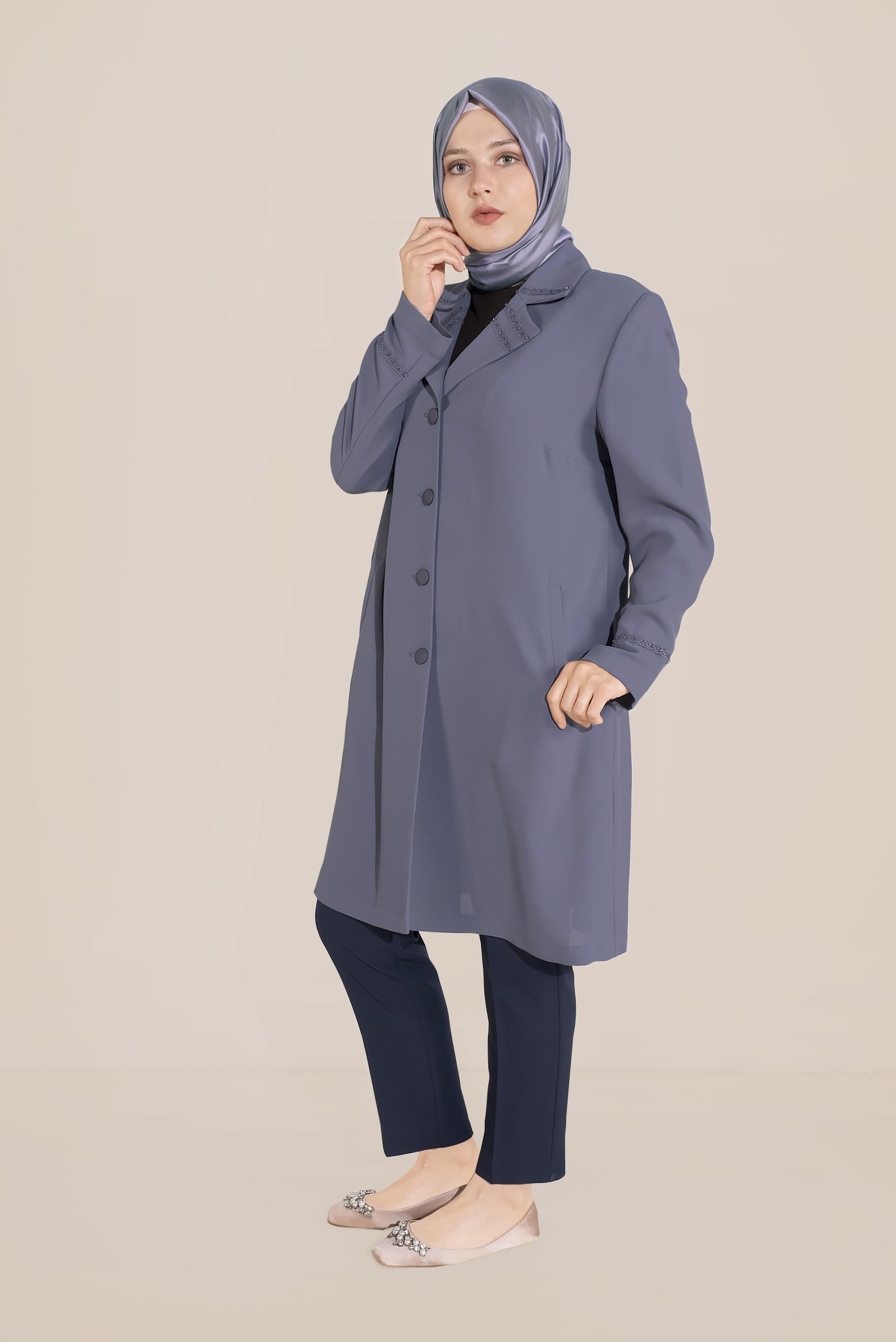 Vêtements hijab GRIS IMPERMÉABLE AVEC COL ET MANCHES À BRODÉ 10229