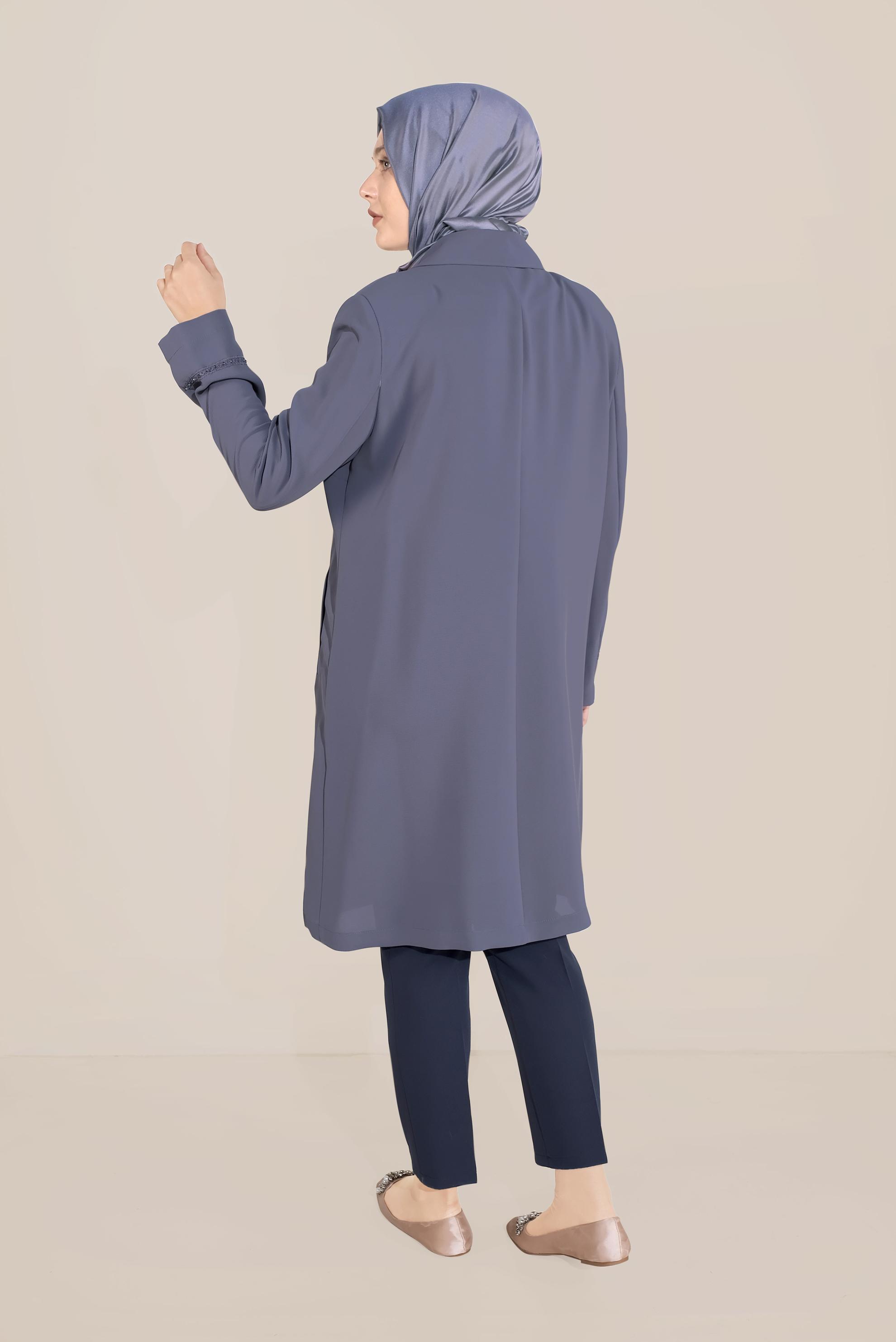 Vêtements hijab GRIS IMPERMÉABLE AVEC COL ET MANCHES À BRODÉ 10229