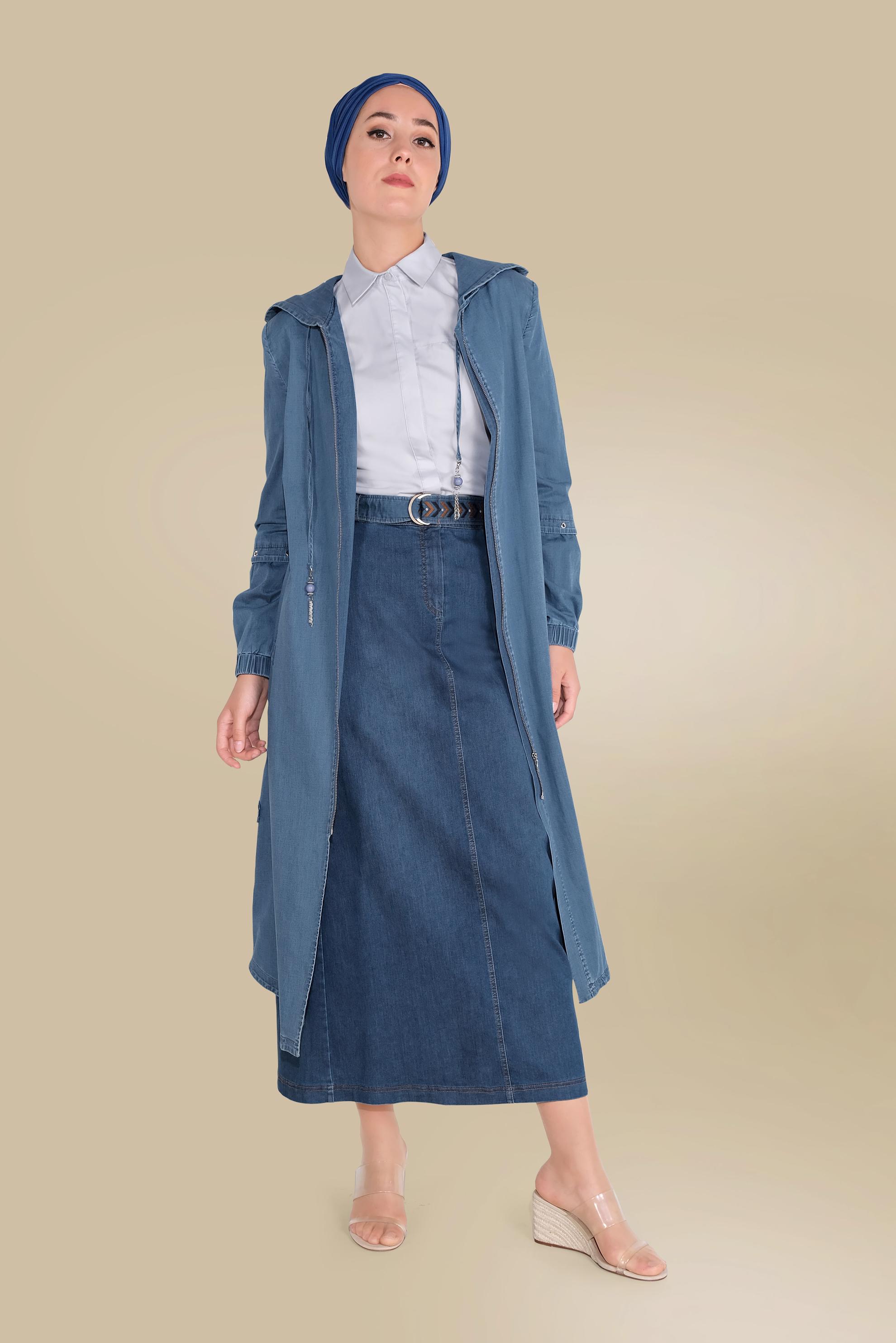 Hijab clothing NAVY BLUE HOODED DENIM TRENCH-COAT 10230 