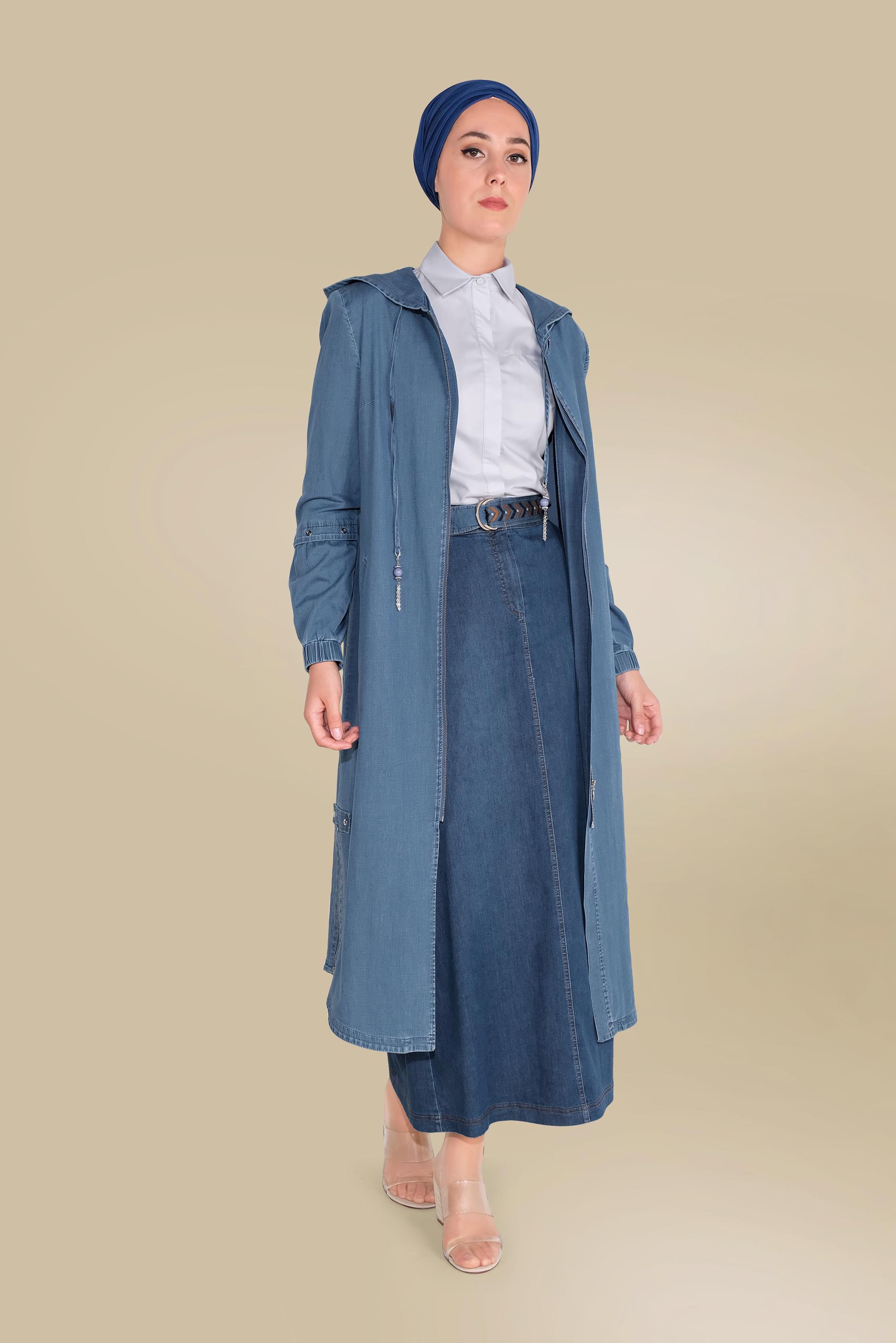 Hijab clothing NAVY BLUE HOODED DENIM TRENCH-COAT 10230 