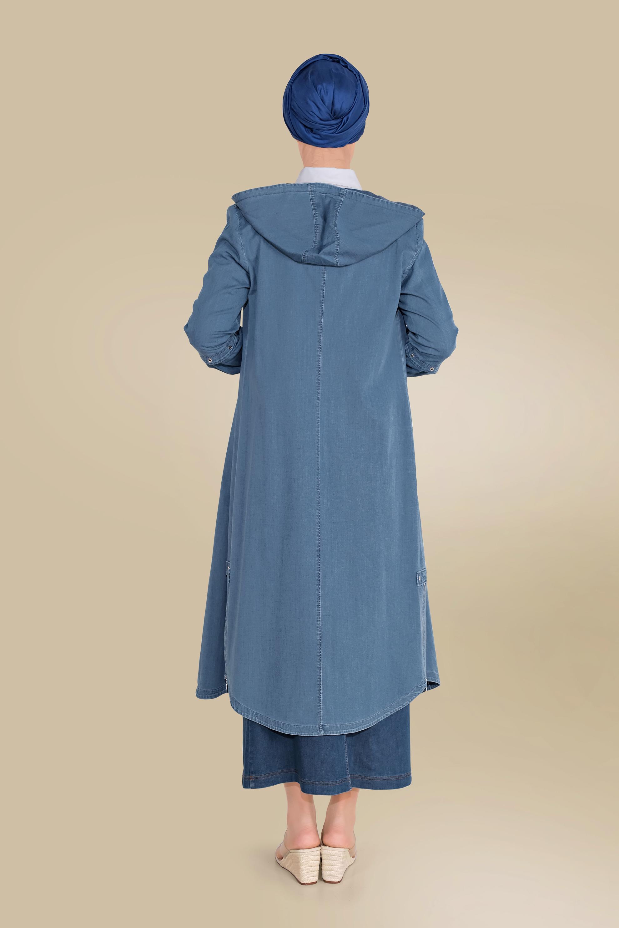 Hijab clothing NAVY BLUE HOODED DENIM TRENCH-COAT 10230 