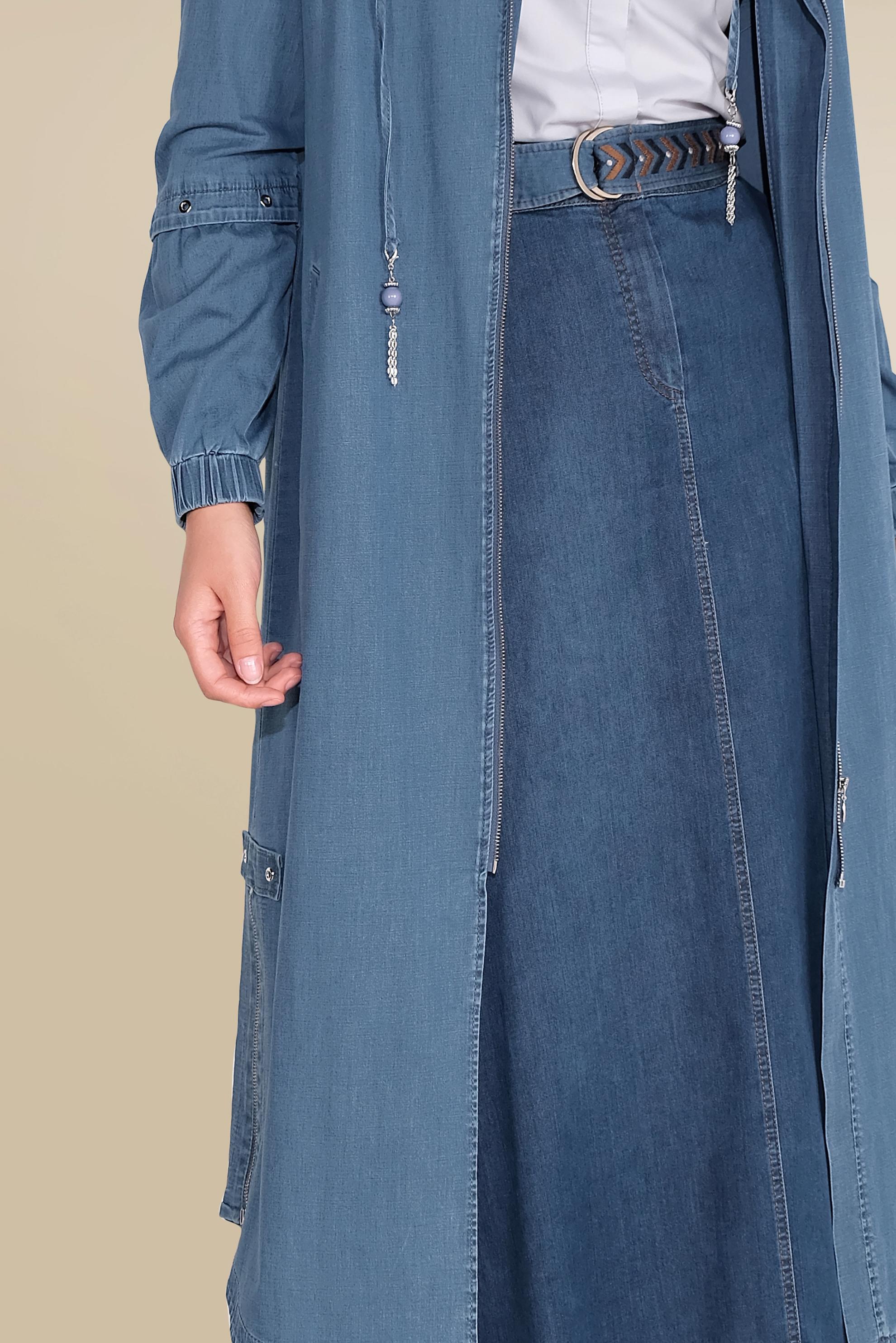 Hijab clothing NAVY BLUE HOODED DENIM TRENCH-COAT 10230 