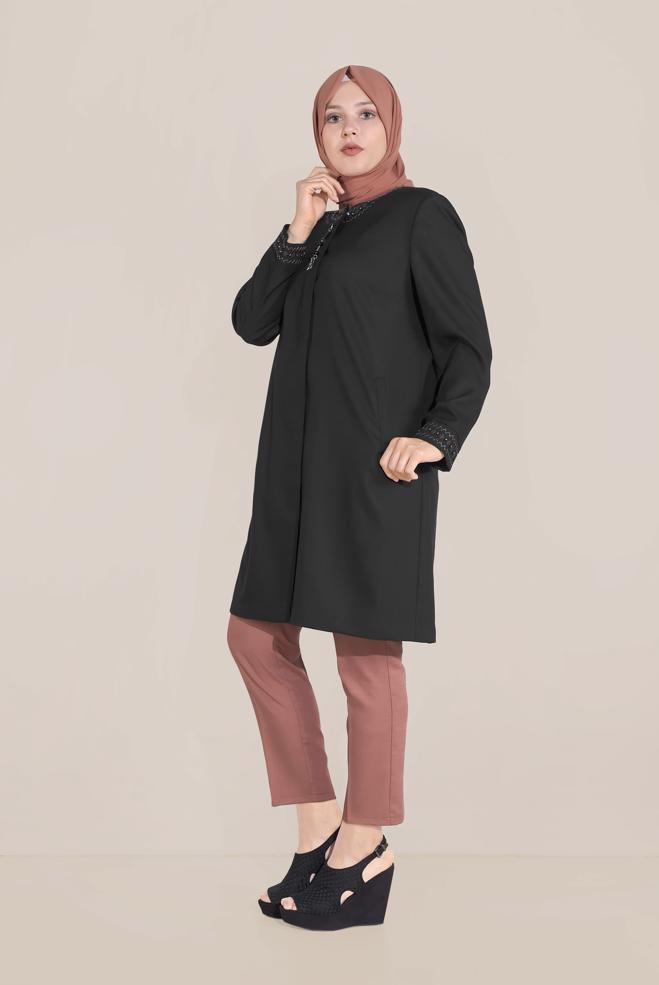 Tesettür giyim SİYAH İŞLEMELİ BİSİKLET YAKA TRENÇKOT 10232	 - ALVİNA