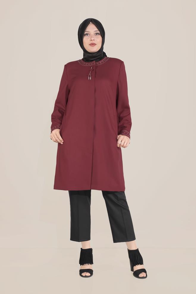 Tesettür giyim BORDO İŞLEMELİ BİSİKLET YAKA TRENÇKOT 10232	 - ALVİNA