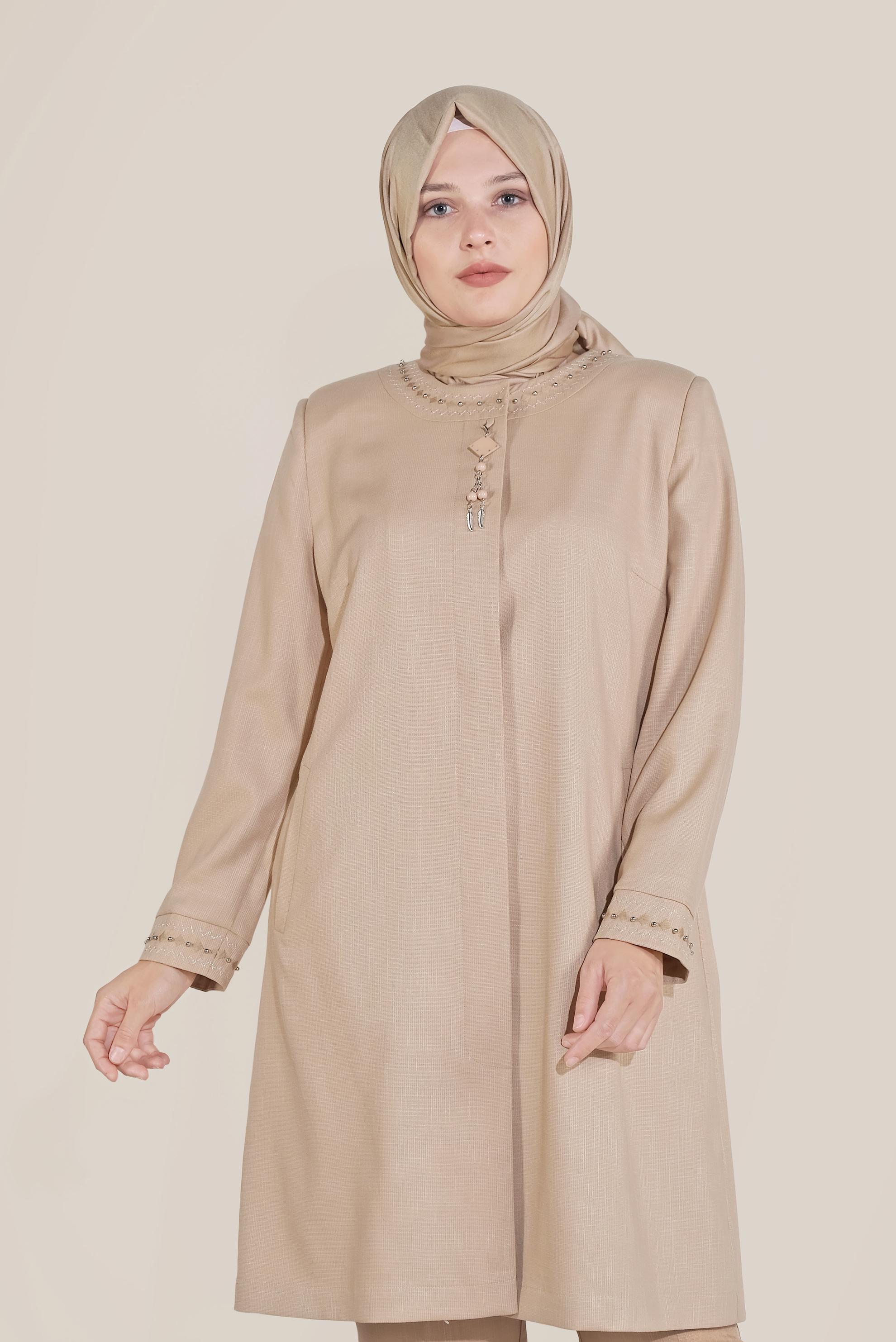 Hijab clothing BROWN EMBRODIERED CREW NECK TRENCH-COAT 10232