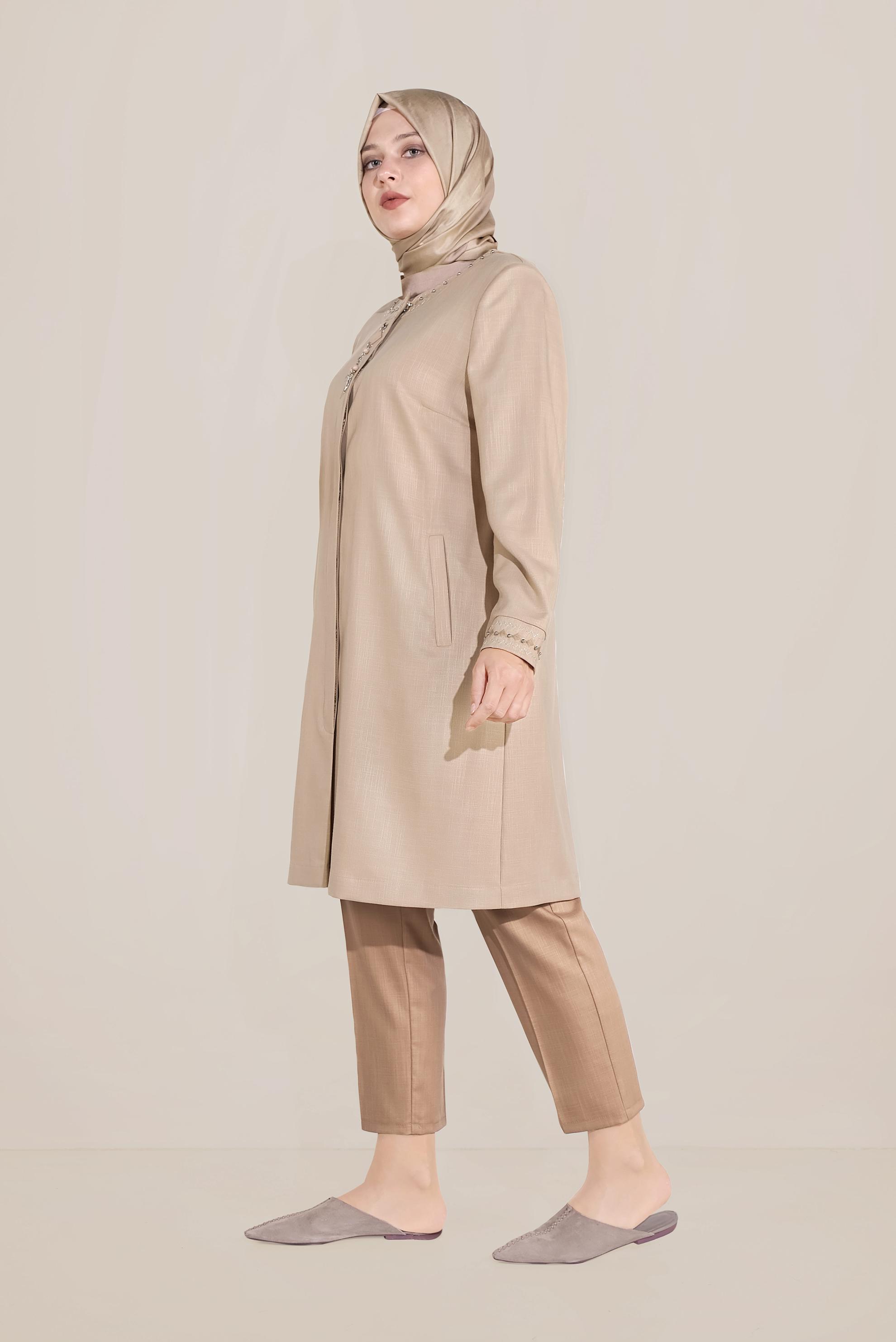 Hijab clothing BROWN EMBRODIERED CREW NECK TRENCH-COAT 10232