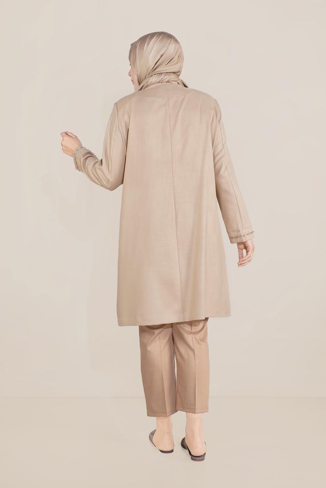 Tesettür giyim KAHVE İŞLEMELİ BİSİKLET YAKA TRENÇKOT 10232	 - ALVİNA