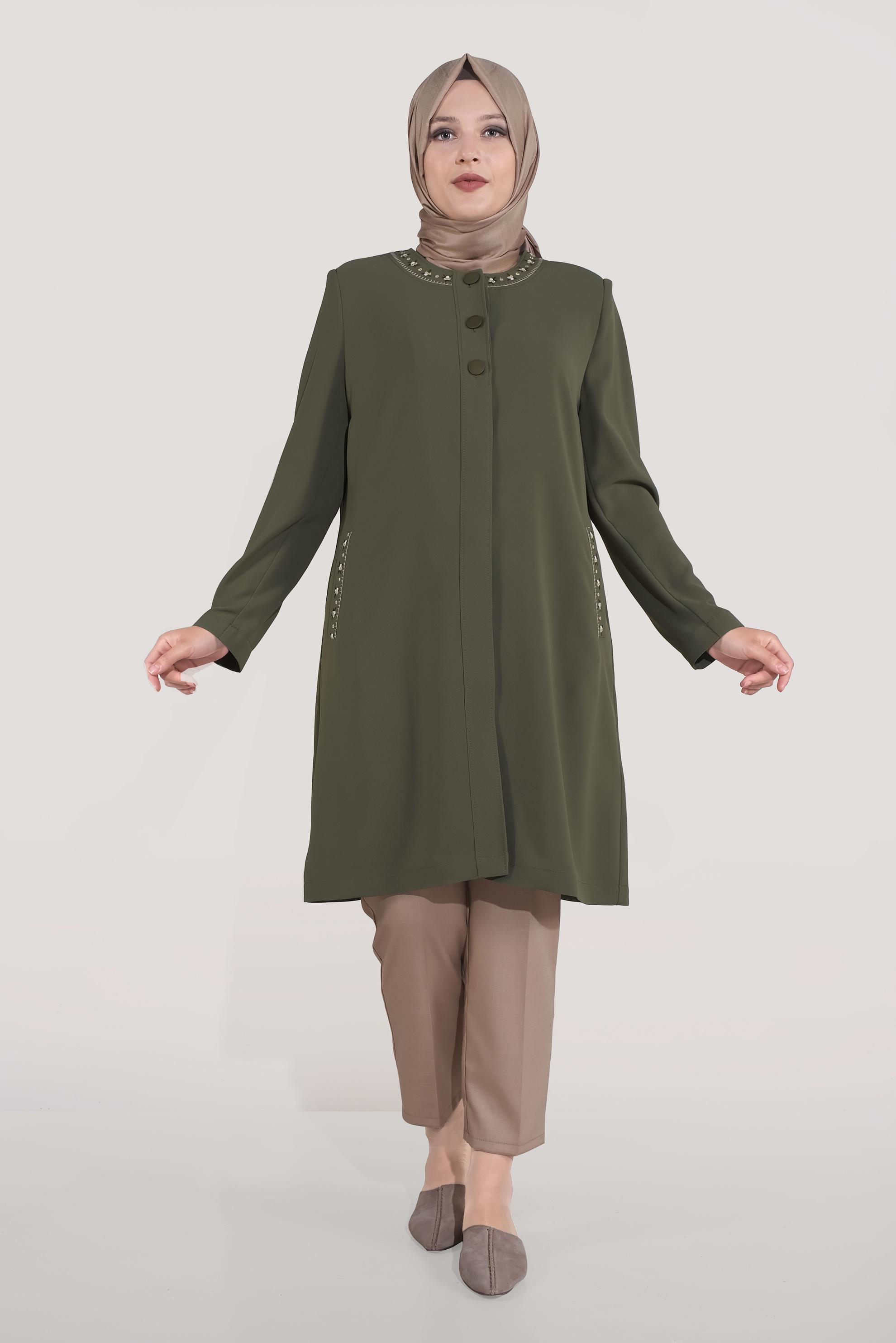 Vêtements hijab KAKI TRENCH-COAT BRODÉ À BOUTONS 10234