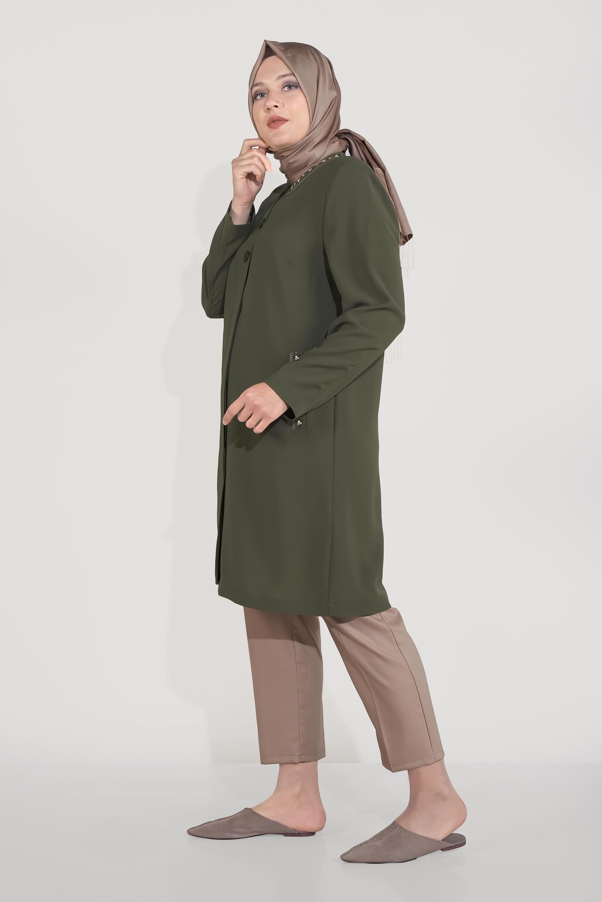 Vêtements hijab KAKI TRENCH-COAT BRODÉ À BOUTONS 10234