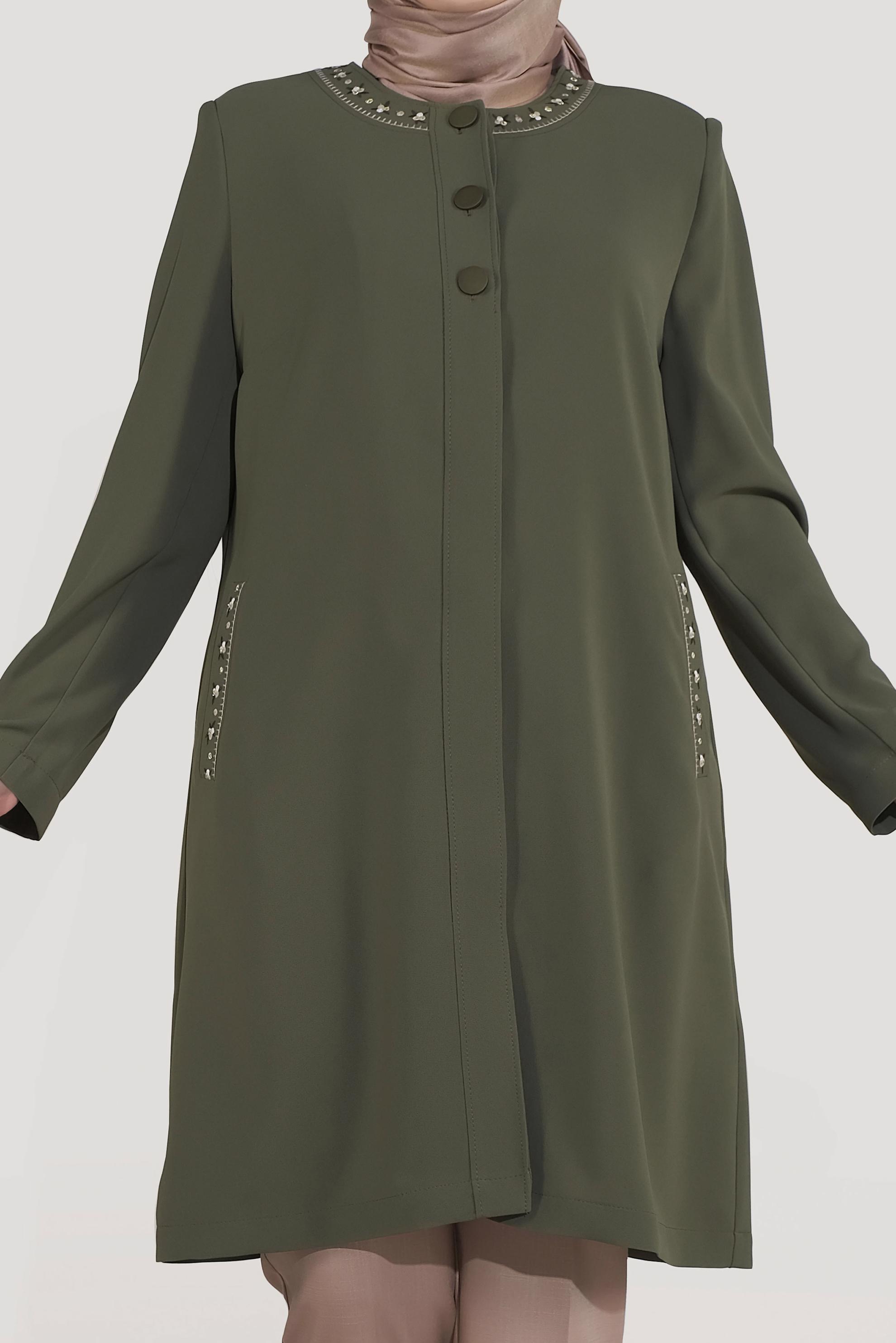 Vêtements hijab KAKI TRENCH-COAT BRODÉ À BOUTONS 10234
