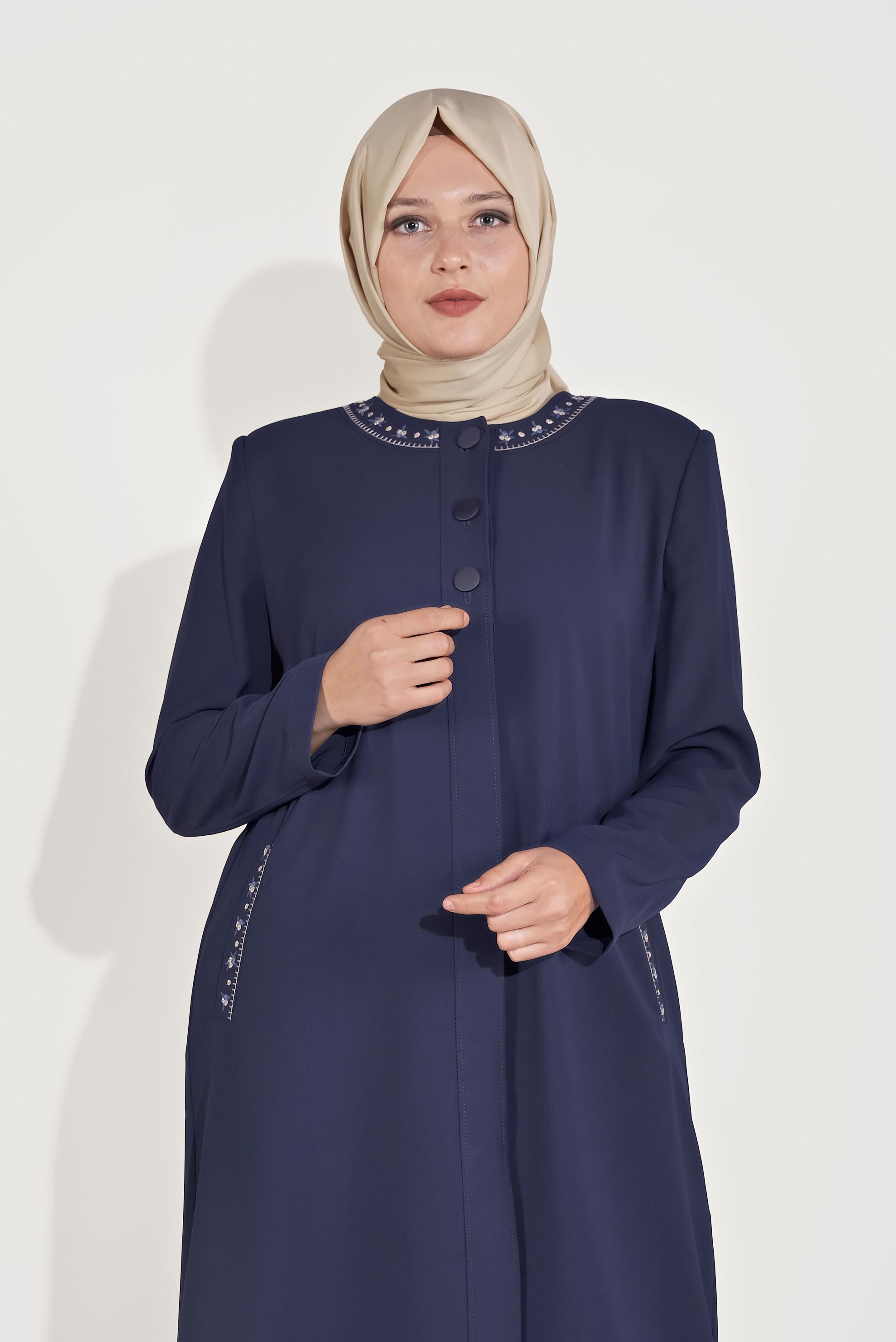 Hijab clothing NAVY BLUE EMBROIDERED TRENCH-COAT WITH BUTTON DETAIL 10234