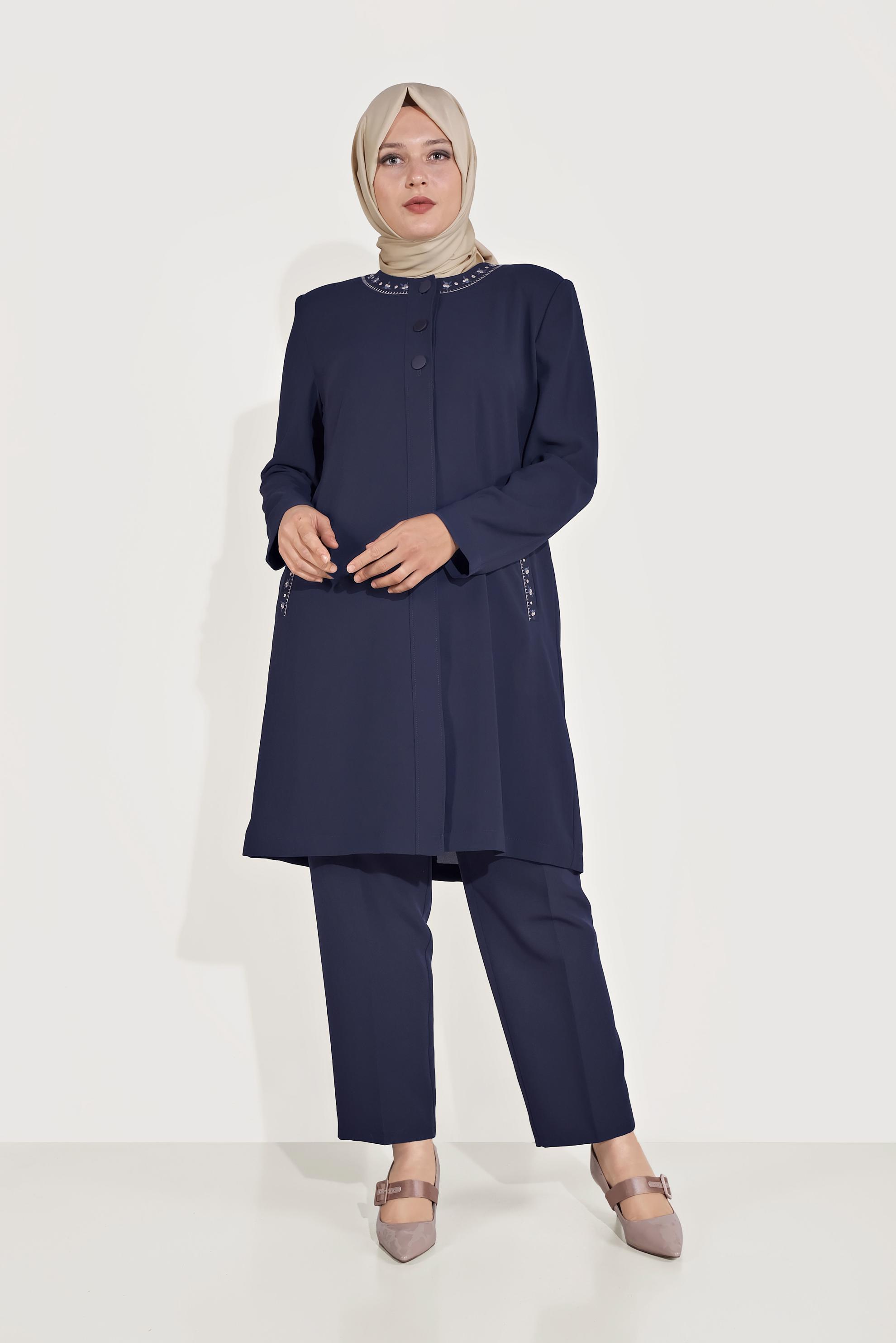 Hijab clothing NAVY BLUE EMBROIDERED TRENCH-COAT WITH BUTTON DETAIL 10234