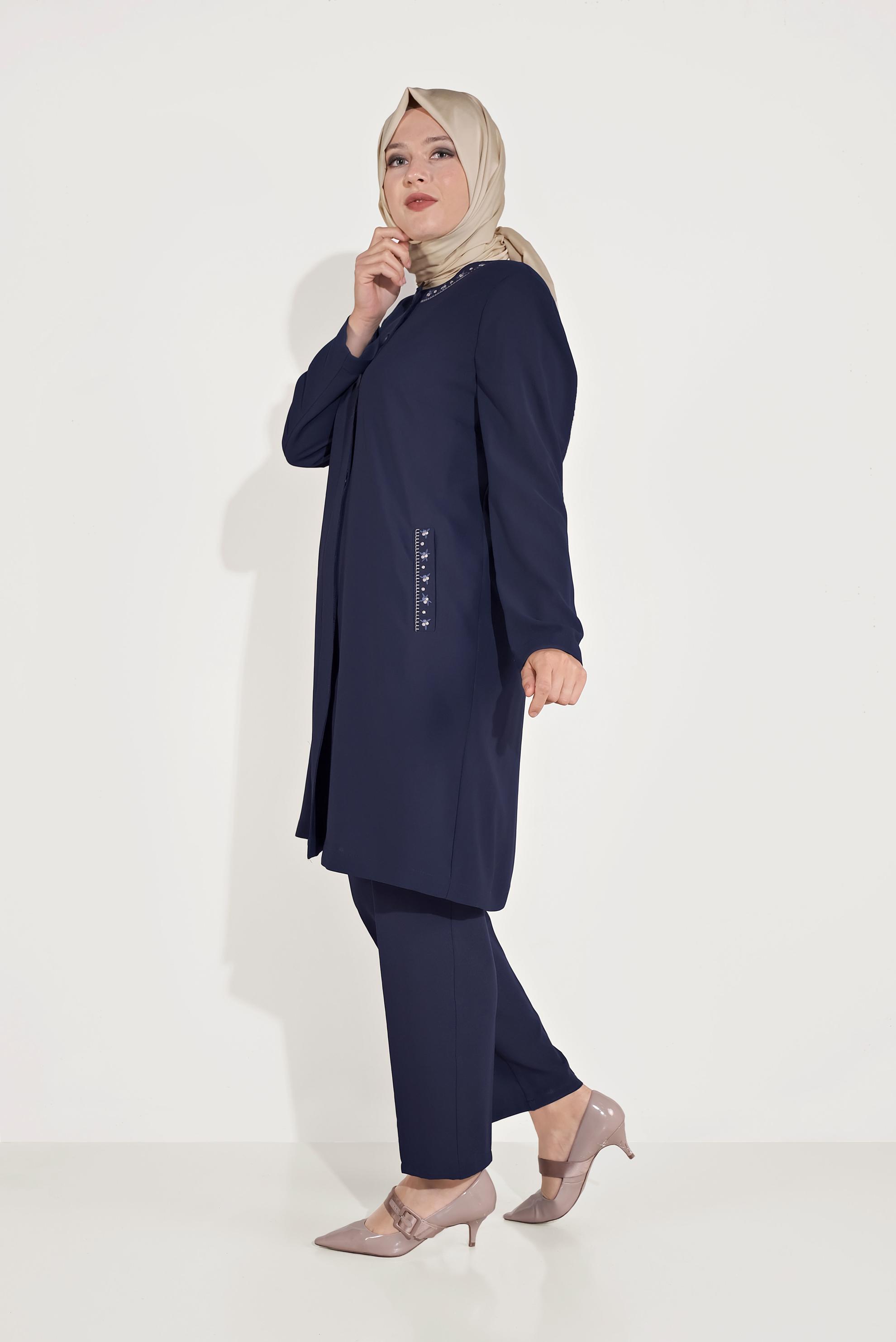 Hijab clothing NAVY BLUE EMBROIDERED TRENCH-COAT WITH BUTTON DETAIL 10234