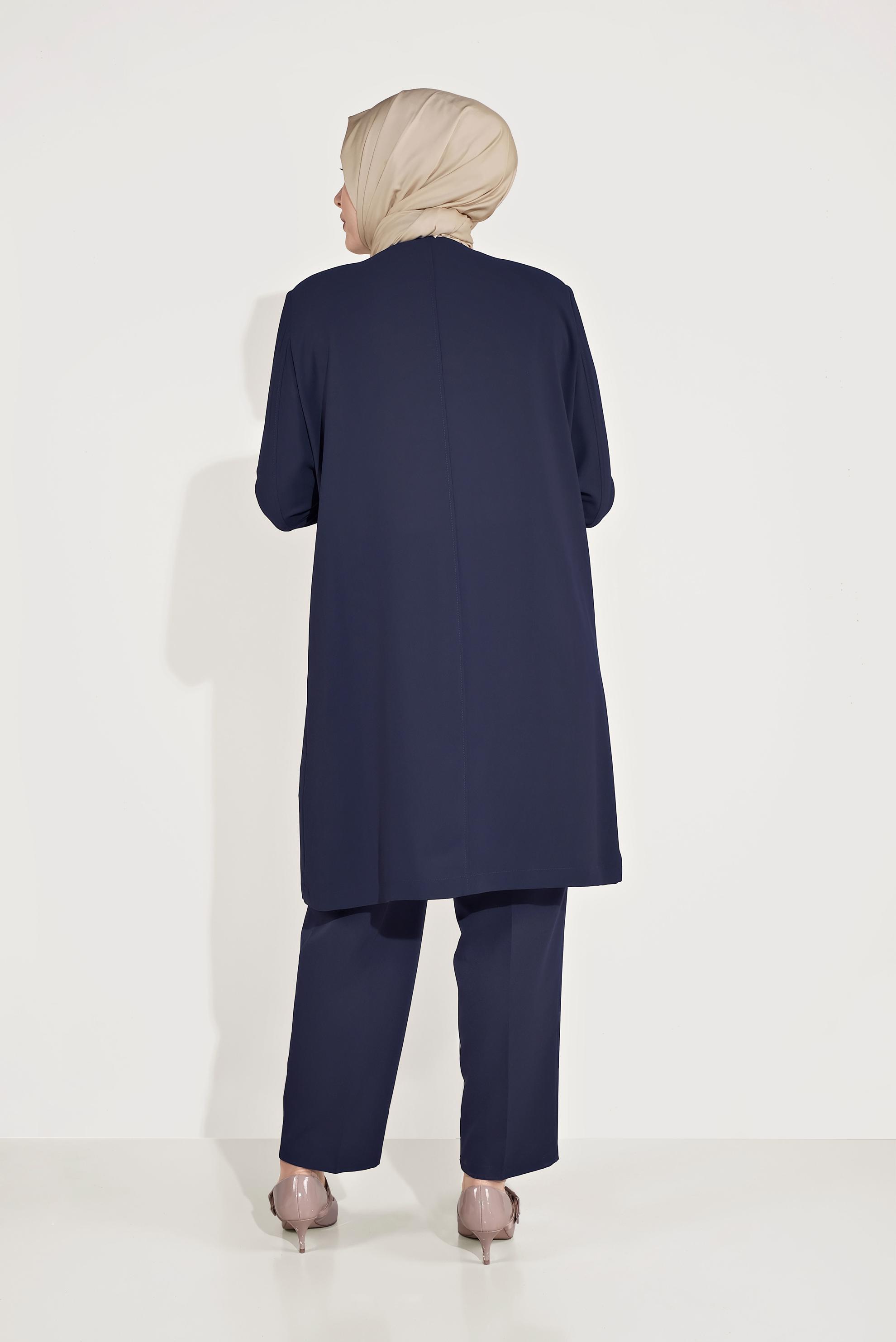 Hijab clothing NAVY BLUE EMBROIDERED TRENCH-COAT WITH BUTTON DETAIL 10234