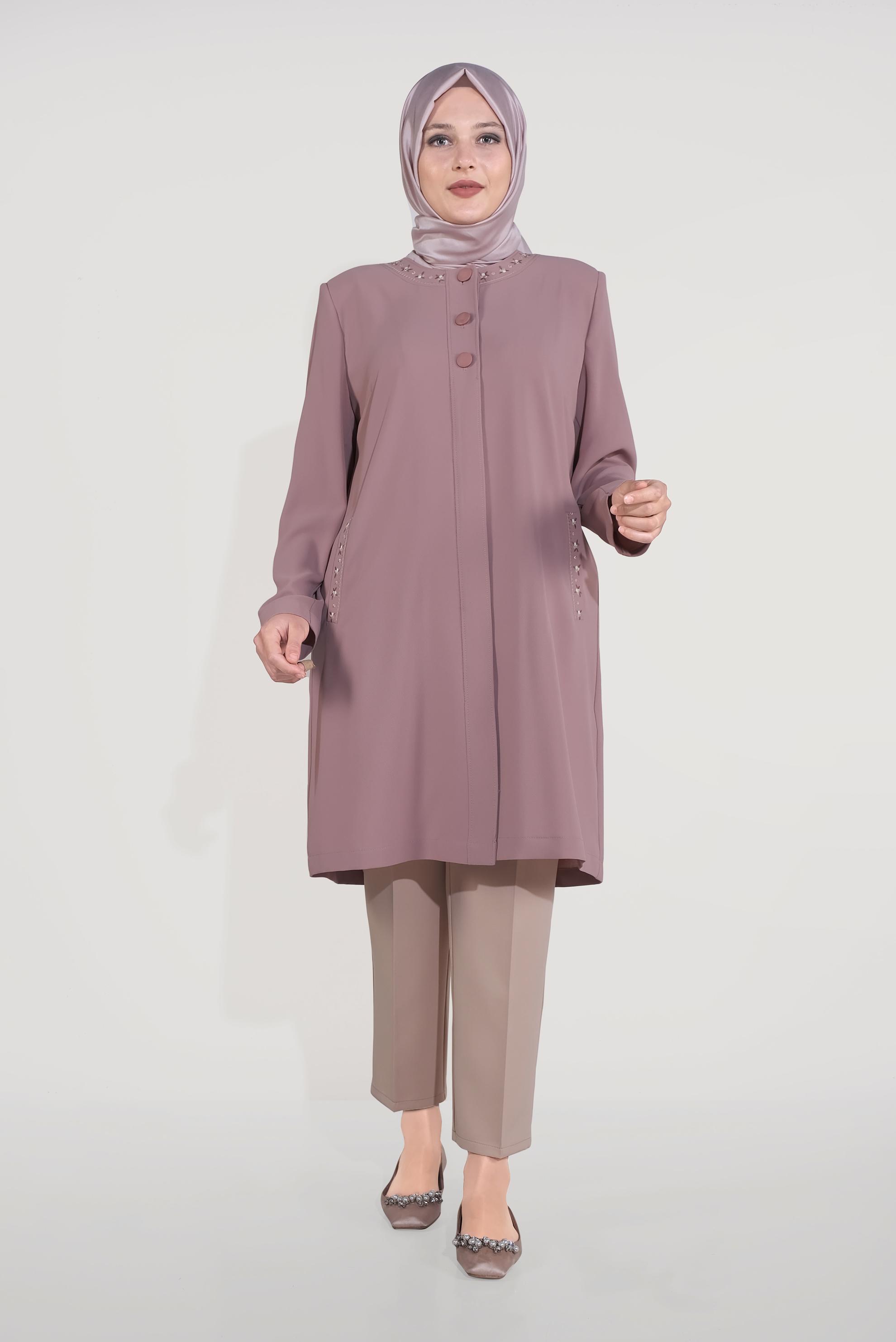 Vêtements hijab POUDRE TRENCH-COAT BRODÉ À BOUTONS 10234