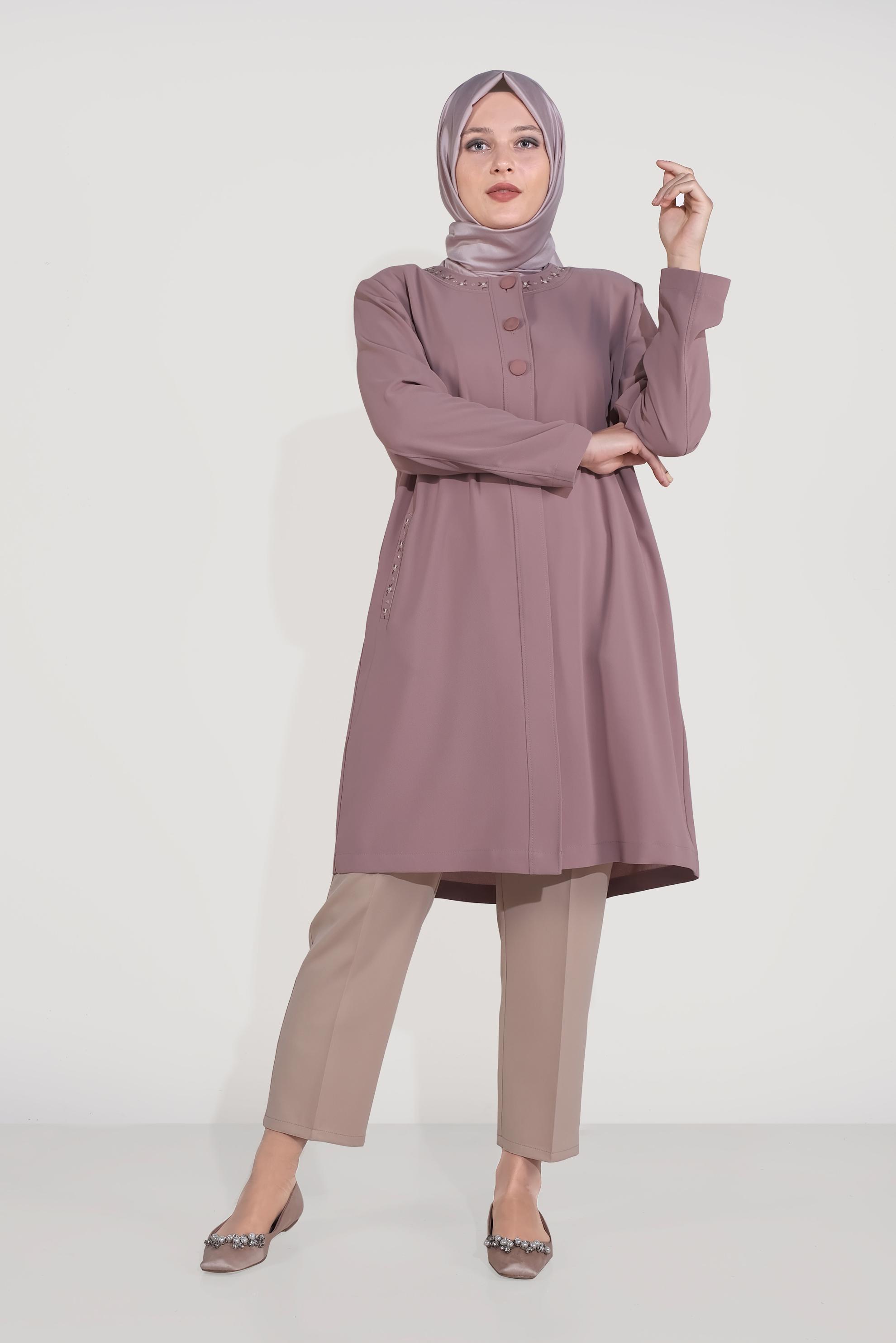 Vêtements hijab POUDRE TRENCH-COAT BRODÉ À BOUTONS 10234