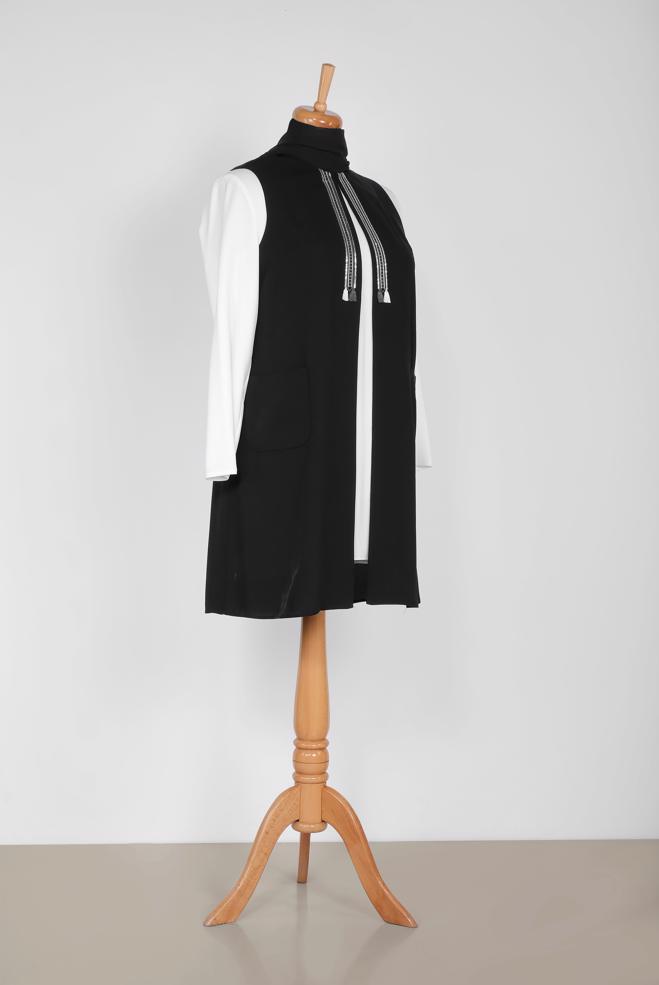Hijab clothing BLACK SEQUIN DETAIL FRINGED VEST 2879  - ALVİNA