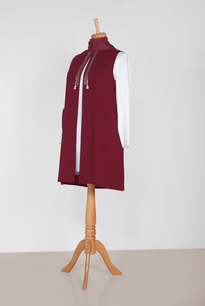 Hijab clothing CLARET RED SEQUIN DETAIL FRINGED VEST 2879  - ALVİNA