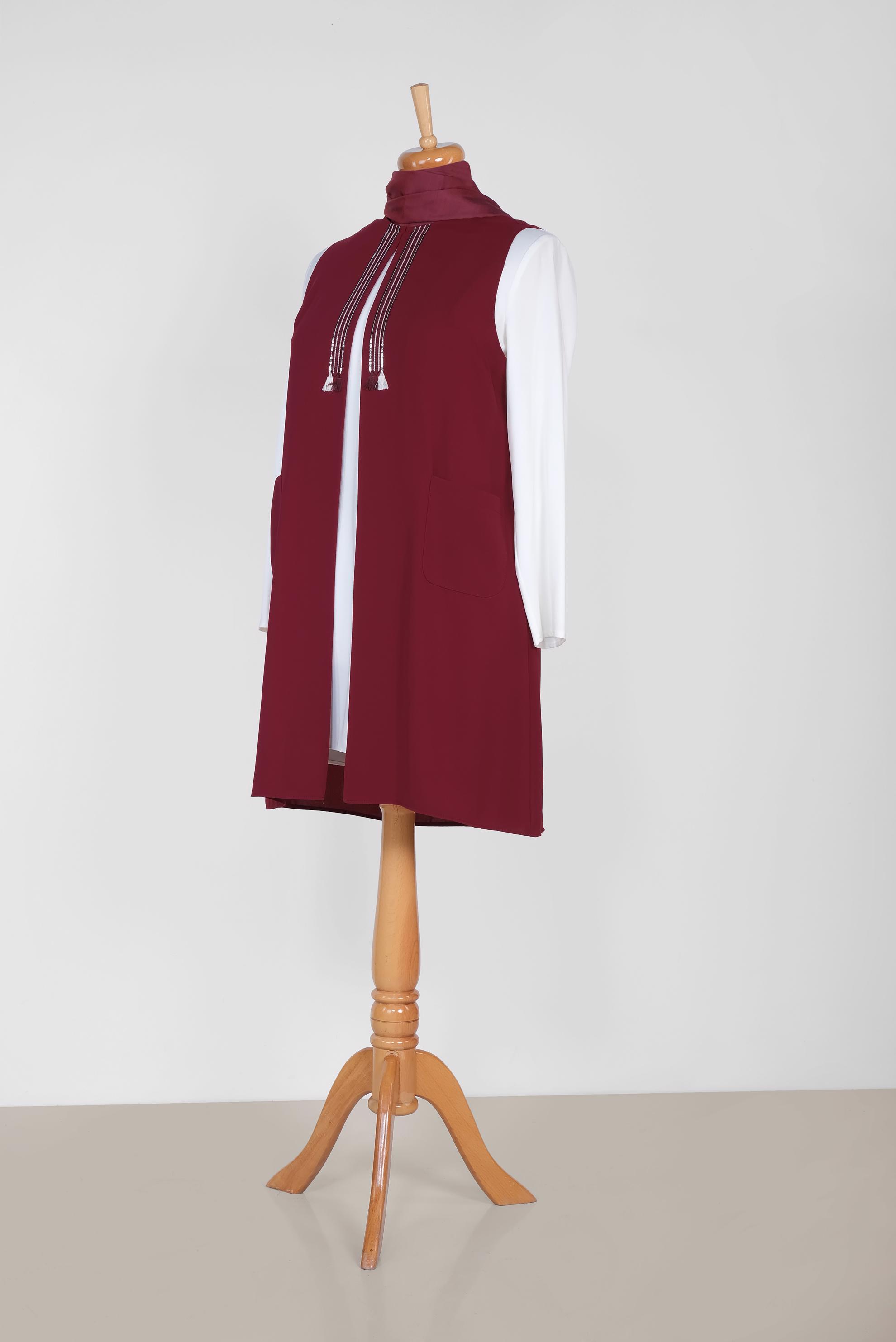 Tesettür giyim BORDO PUL ŞERİTLİ PÜSKÜLLÜ YELEK 2879