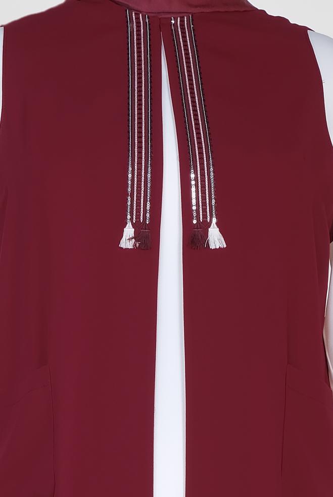 Hijab clothing CLARET RED SEQUIN DETAIL FRINGED VEST 2879  - ALVİNA