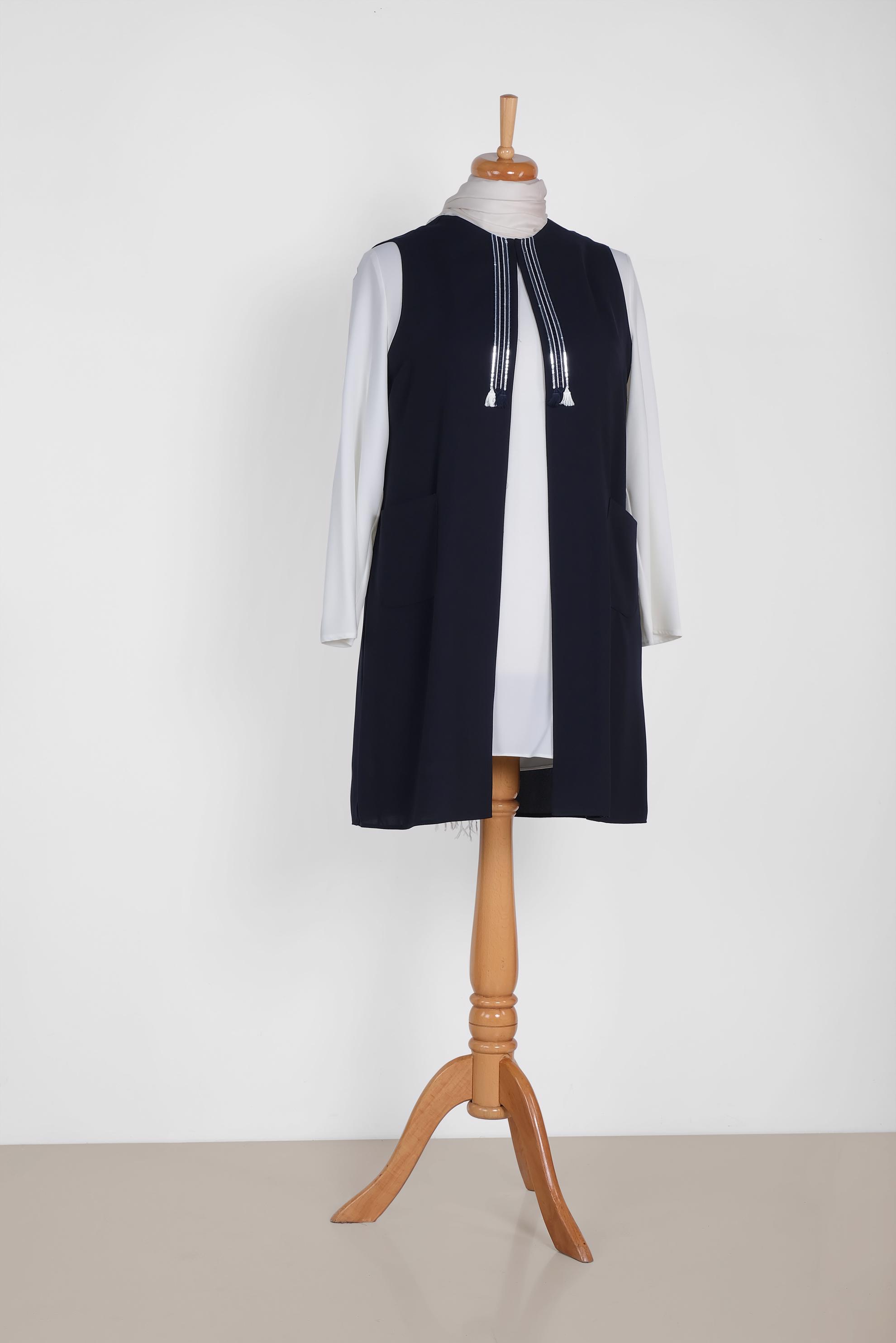 Vêtements hijab BLEU MARINE GILET À FRANGES DÉTAIL PAILLETTES 2879