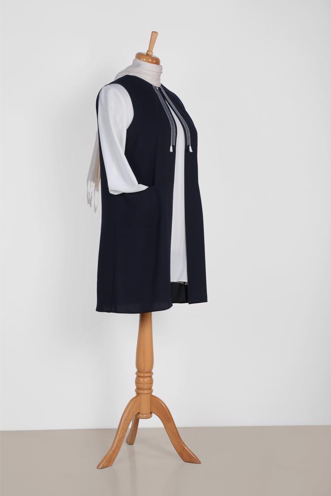 Hijab clothing NAVY BLUE SEQUIN DETAIL FRINGED VEST 2879  - ALVİNA