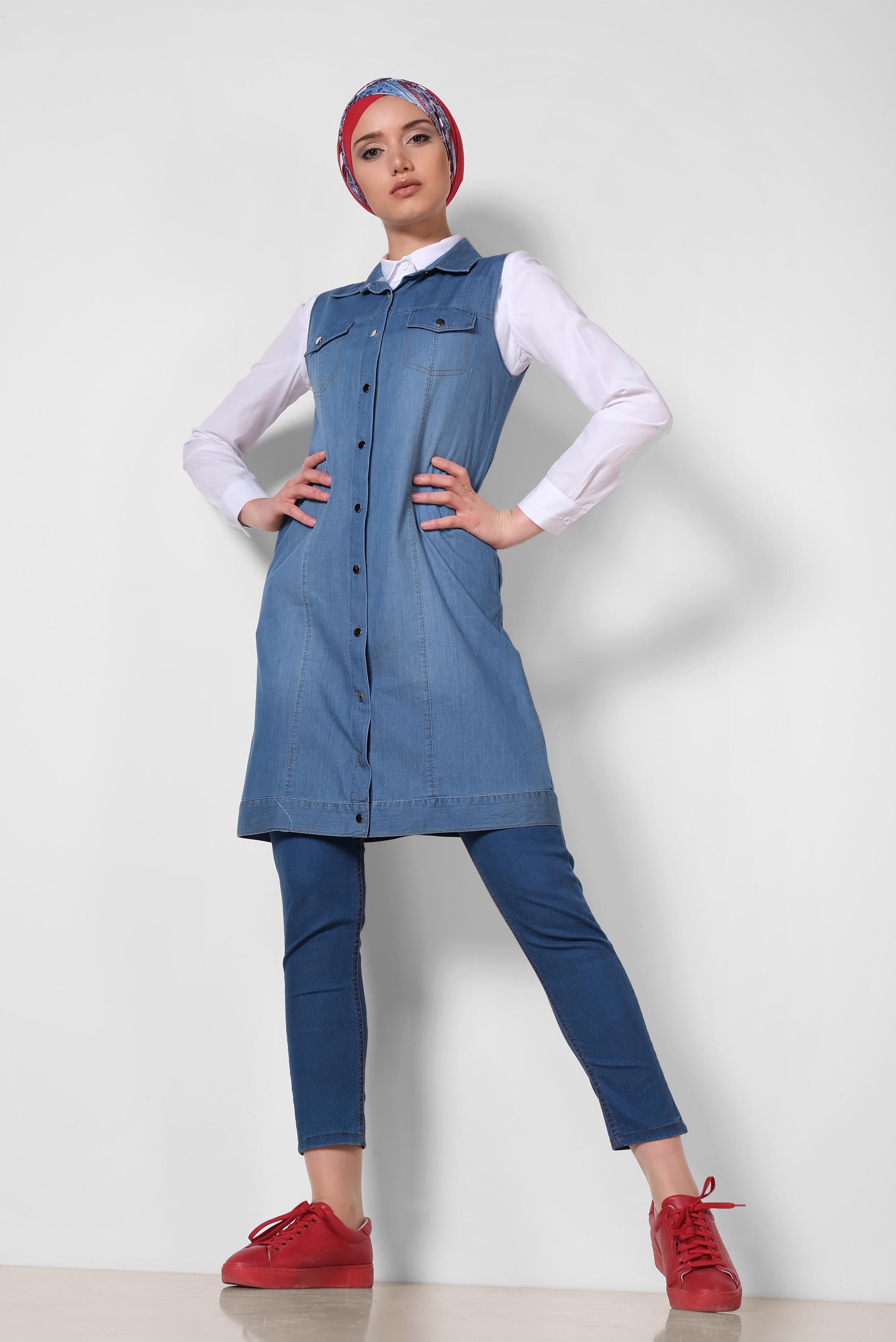 Vêtements hijab BLEU MARINE GILET EN JEAN À BOUTONS 4027 