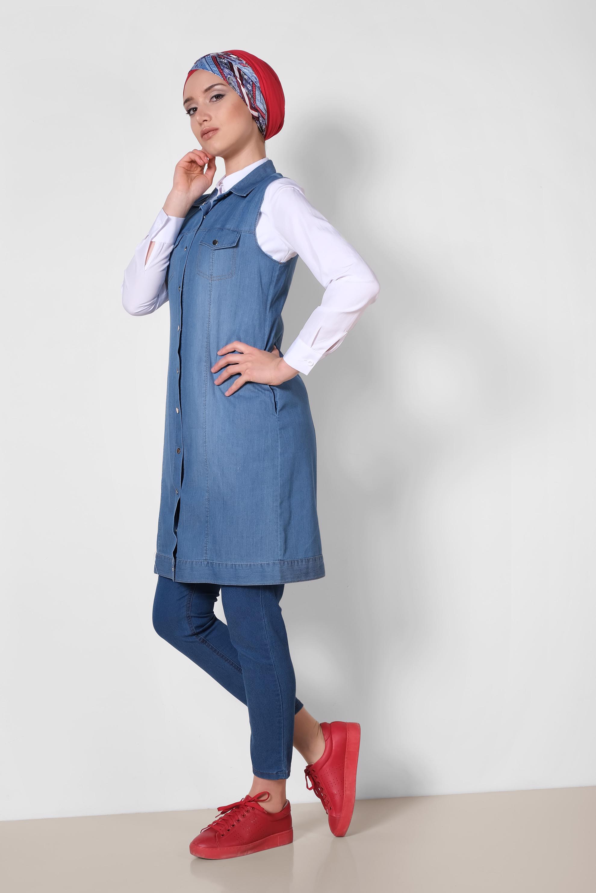 Vêtements hijab BLEU MARINE GILET EN JEAN À BOUTONS 4027 