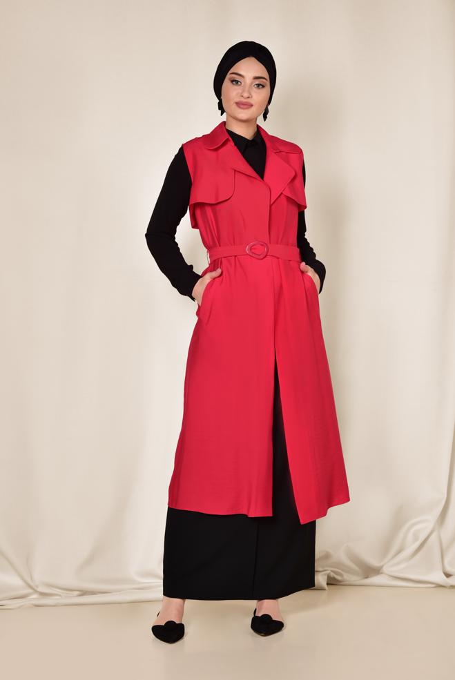 Vêtements hijab ROUGE GILET CEINTURE 4078 - ALVİNA