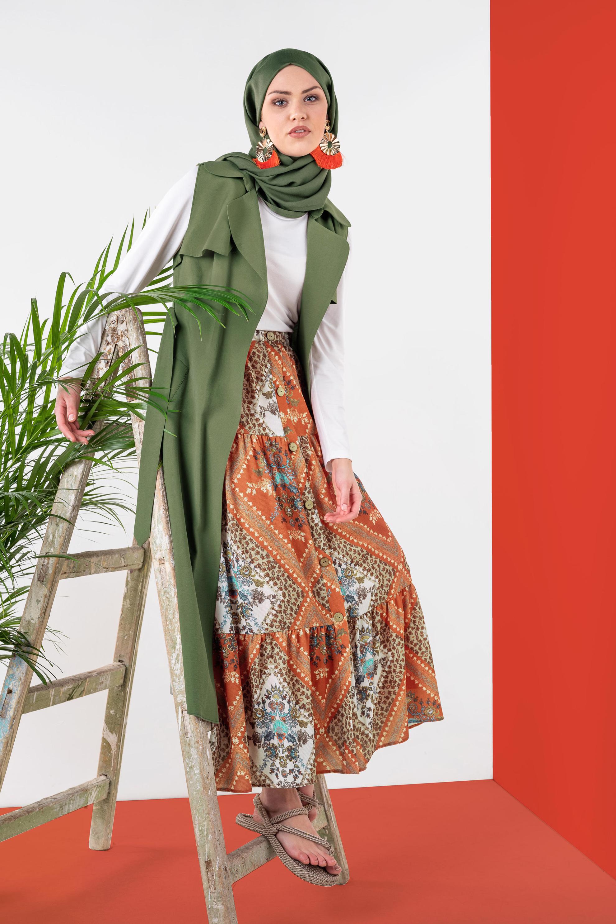 Tesettür giyim HAKİ KUŞAKLI YELEK 4078