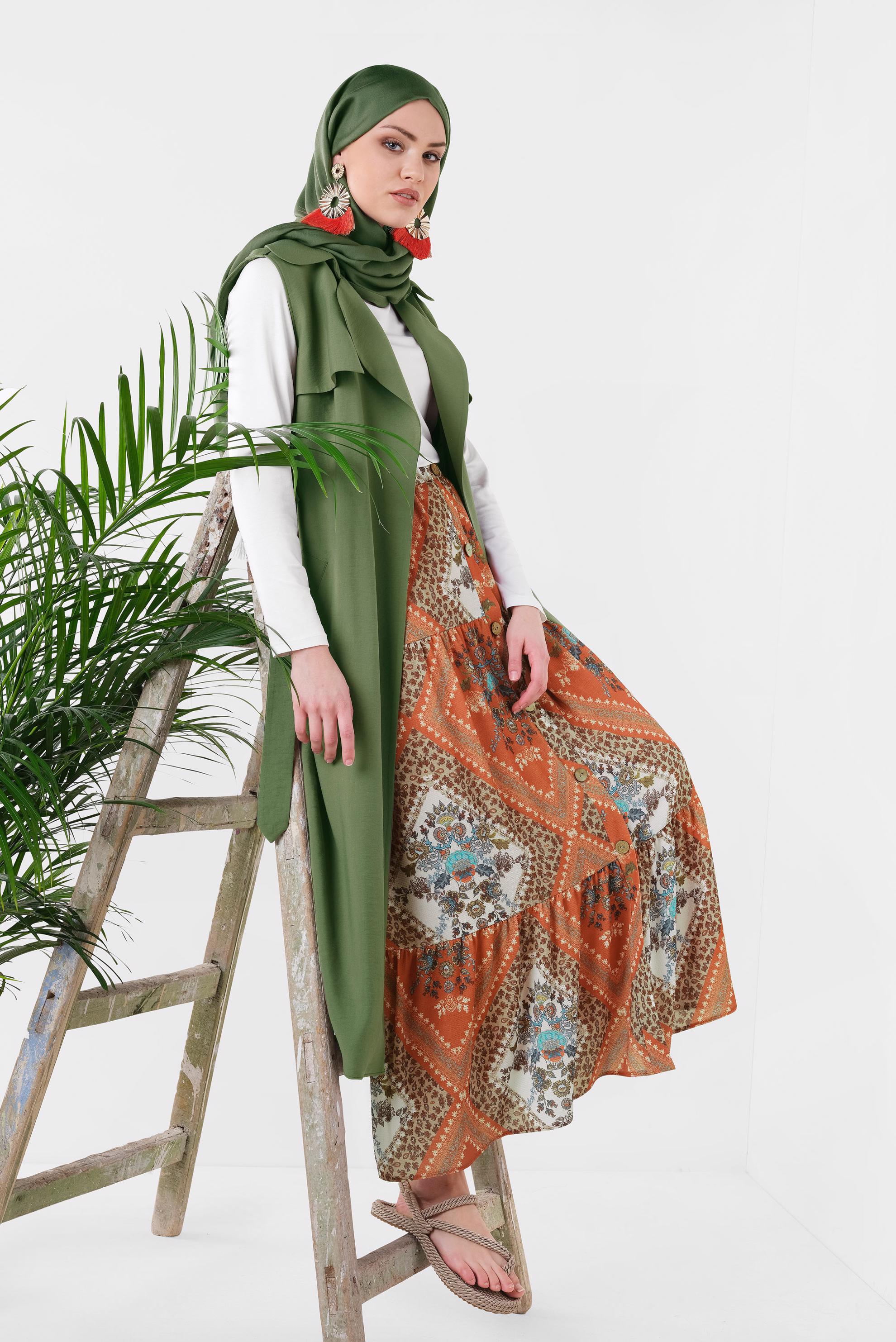 Tesettür giyim HAKİ KUŞAKLI YELEK 4078