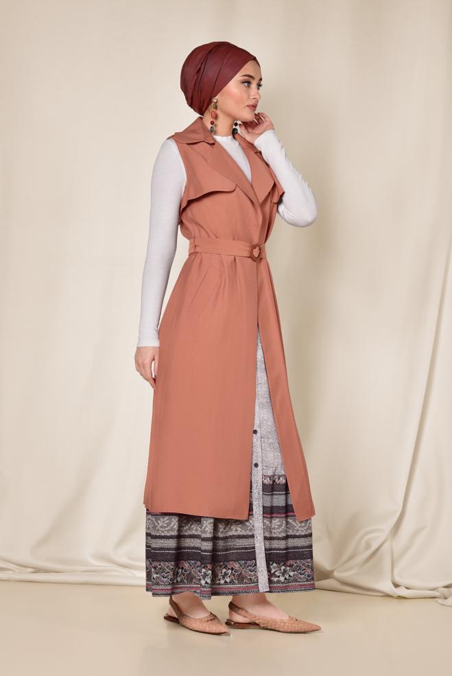 Tesettür giyim TURUNCU KUŞAKLI YELEK 4078 - ALVİNA